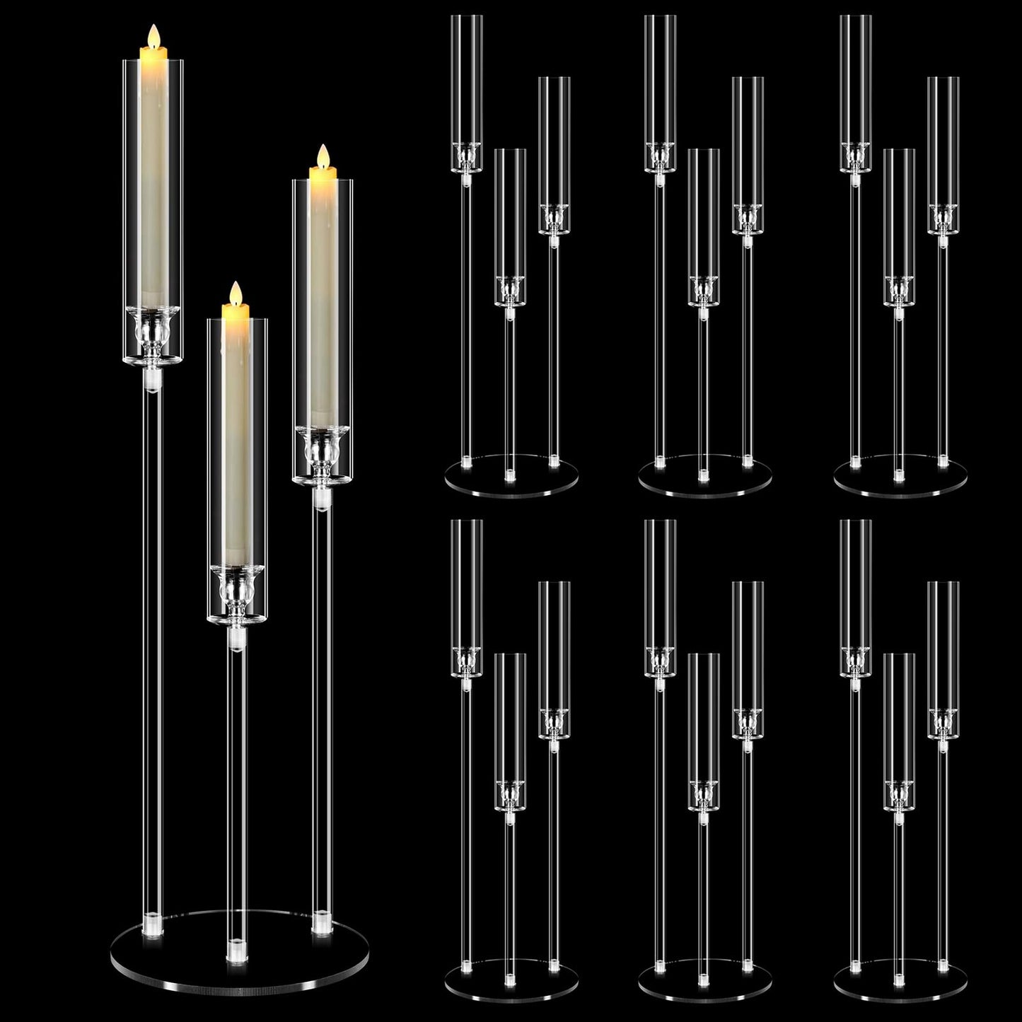 6 Set Acrylic Candelabra Centerpieces for Tables, Mjkeomo 30.7'' Clear Candle Holder 3 Arm Candlesticks Holder with Lampshade for Wedding Fireplace Dinner Party Decor Fit 0.87'' LED Candle