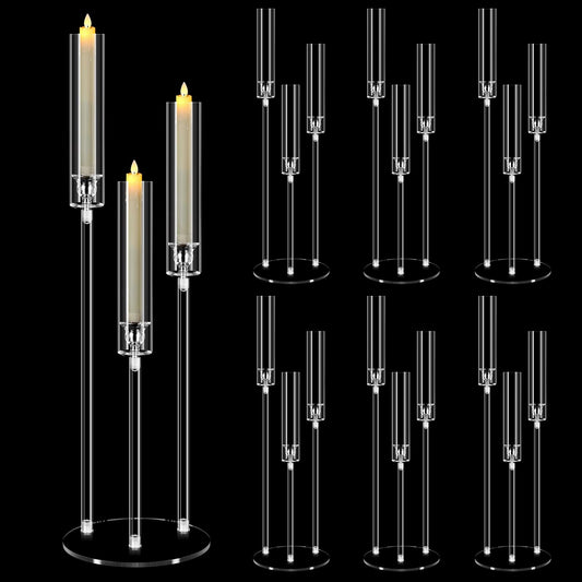 6 Set Acrylic Candelabra Centerpieces for Tables, Mjkeomo 30.7'' Clear Candle Holder 3 Arm Candlesticks Holder with Lampshade for Wedding Fireplace Dinner Party Decor Fit 0.87'' LED Candle