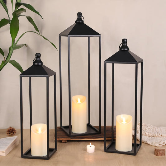 MATAHUM 22'' 19'' 17'' Lanterns Decorative Outdoor Indoor, Set of 3 Black Metal Candle Lanterns Christmas Lanterns Modern Farmhouse Floor Lantern Decor for Room, Porch, Mantle, Patio, Garden