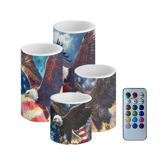 NETILGEN American Flag Eagle Print Flickering Flameless LED Candles with Timer Remote Control Color Changing LED Candles Set of 4 July 4th Independence Day Decor