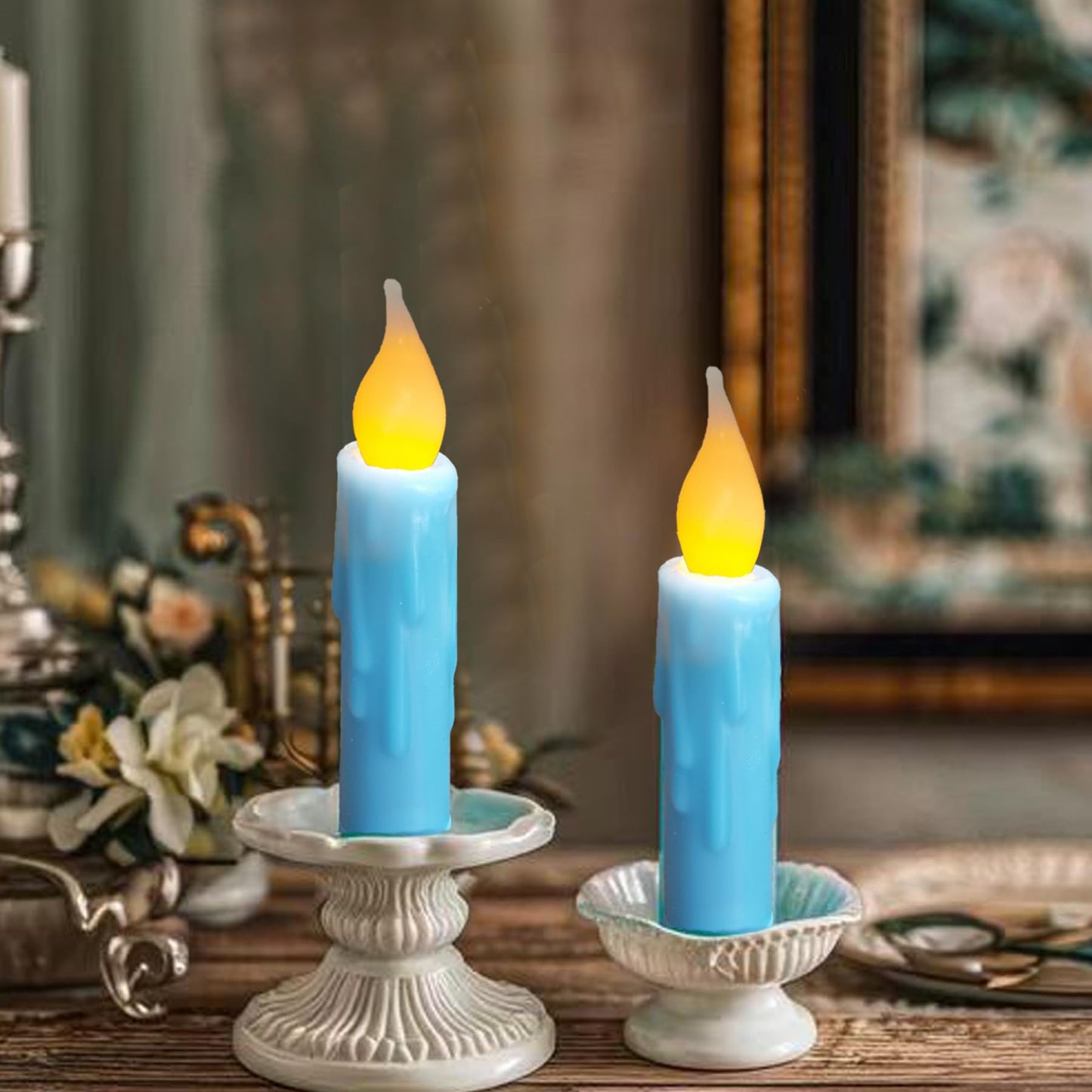 LINCOUNTRY.Primitive Wax Short Taper Candles Battery Operated with Timer Flameless Taper Candles Flickering Flame Small Led Blue Candlesticks for Christmas Halloween Home Decor