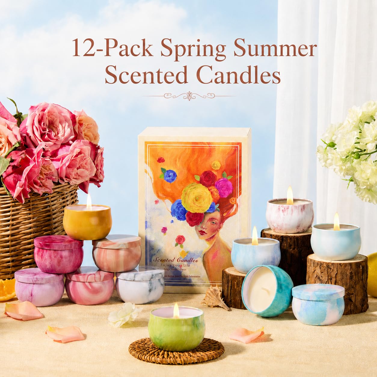 Scented Candles Gift Set for Women, 12 Pack Soy Wax Aromatherapy Candles with Spring Summer Fresh Scents, Up to 300H Total Burn Time, Colorful Portable Tin Candle Gift for Mom, Birthday & Housewarming