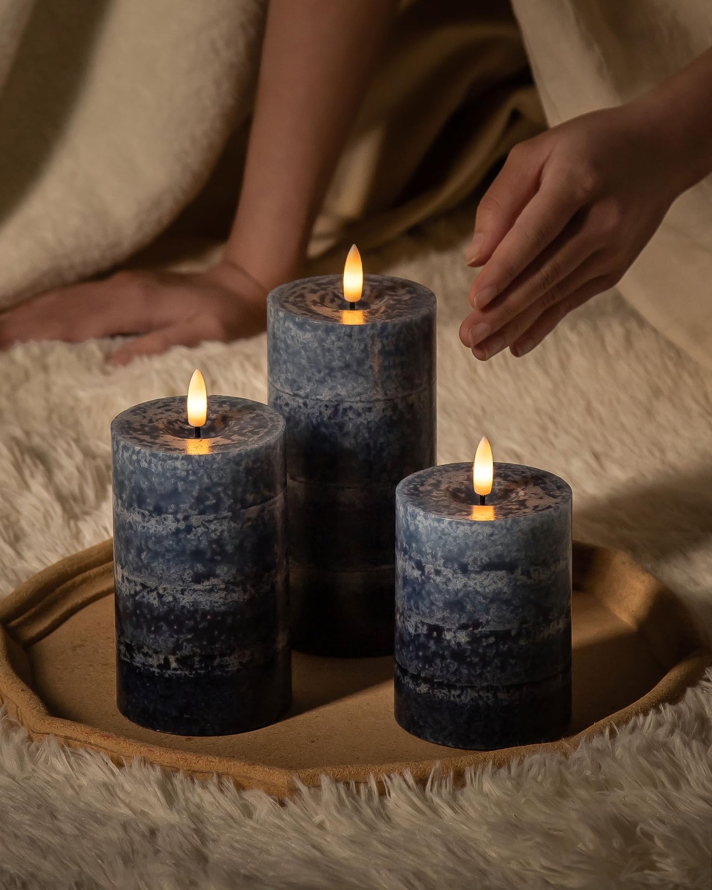 Stmarry Gradient Navy Blue Flameless Candles with Remote and Timer, Real Wax Made LED Pillar Candles Battery Operated with 3D Flickering Flame, 3" x 4",5",6", Navy Blue Decor, Set of 3