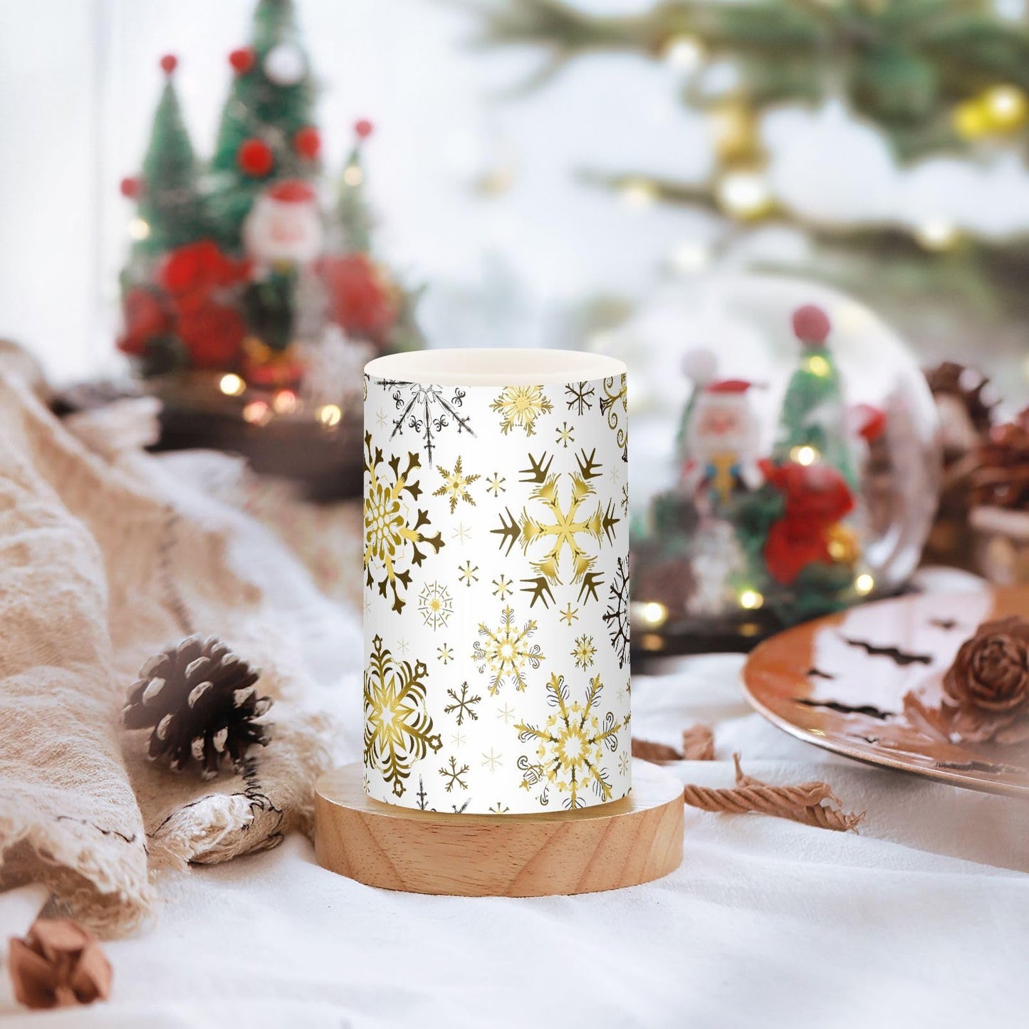 Christmas Lights Decorations Flameless Candles Golden Snowflake White Pillar Candles Set of 2 Battery Operated Remote Control Warm Lights