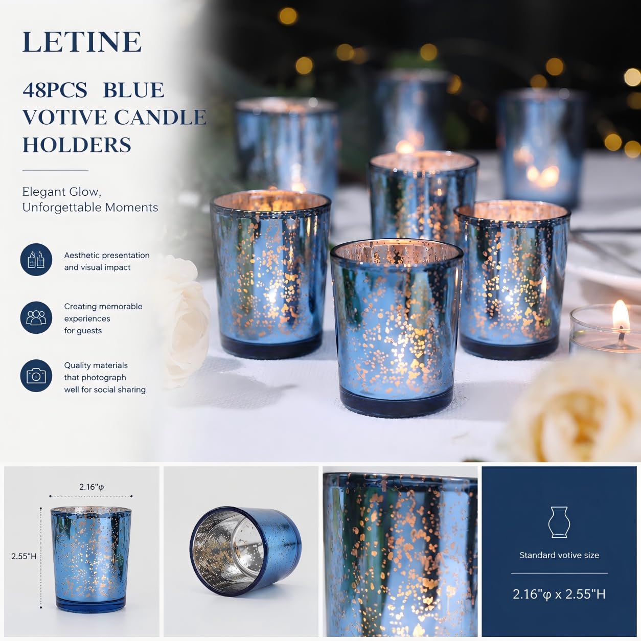 LETINE 48pcs Blue Votive Candle Holders – Glass Tea Light Candles Holder, Standard Votive Size for Regular Votive Candles – Bulk Candle Holder for Summer Weddings, Waterfront Venues, Home Decor