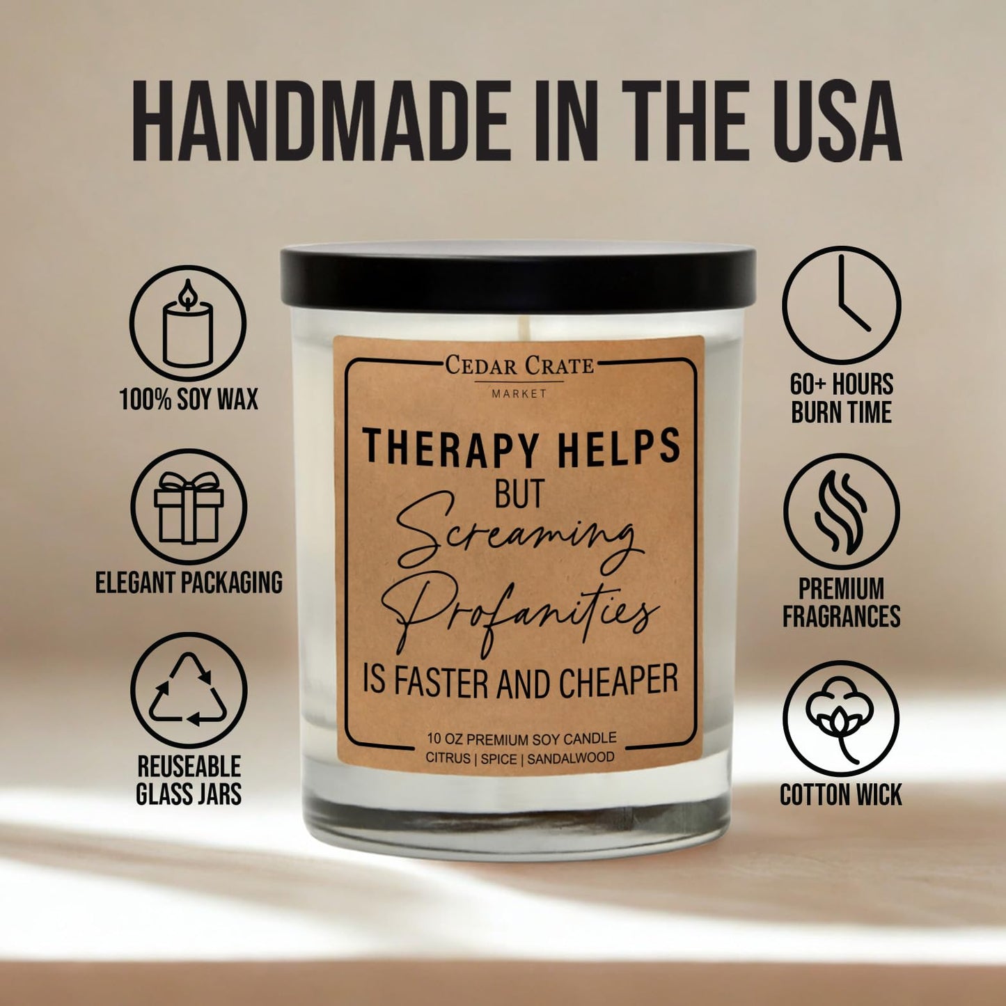 Funny Candle - Therapy Helps Profanity is Faster and Cheaper - Luxury Scented Soy Jar Candle, Gifts for Women, Birthday Gift for her, Best Friend Gift, Best Friend Candles, Funny Gifts