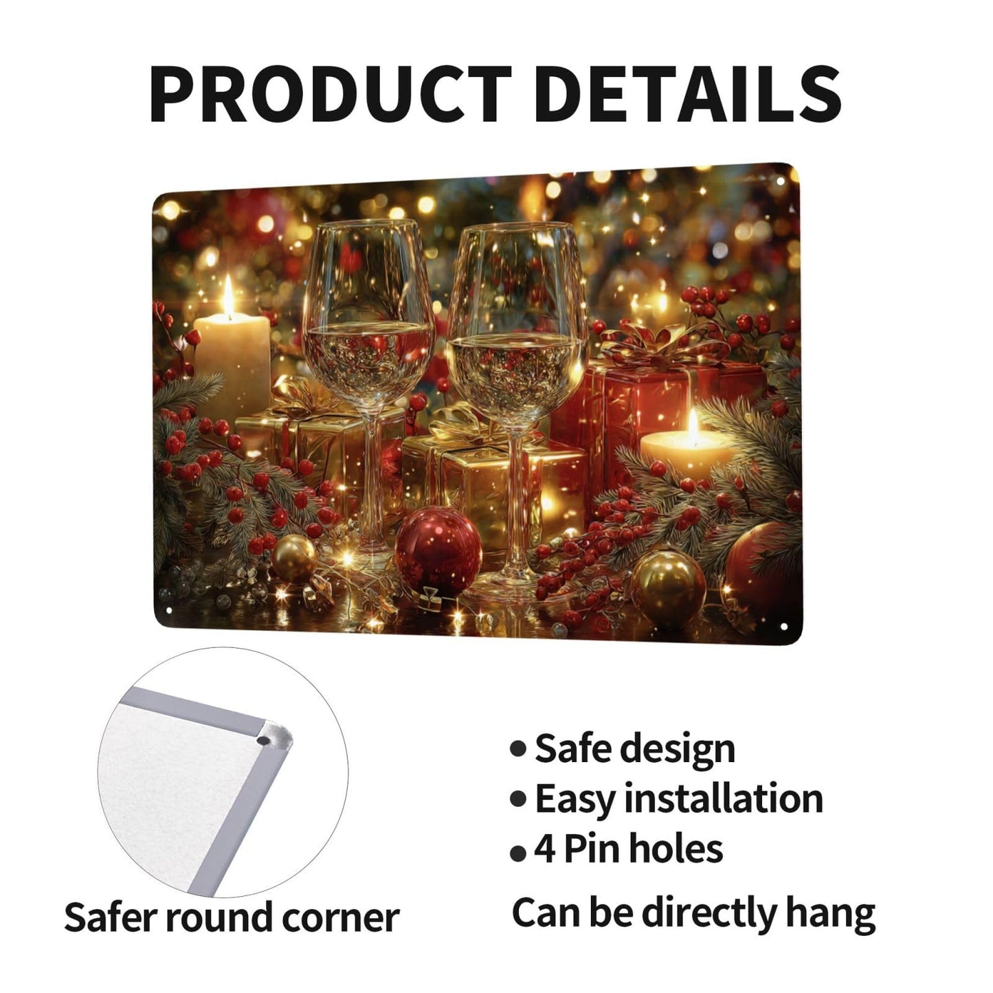 MA6GE8DE Festive Wine Glasses With Candles, Red Berries, Gold Gifts, Sparkling Bokeh, 6x8 Inch Metal Tin Plaque Sign, Ideal For Living Room And Kitchen Restaurant,Create A Festive Atmosphere
