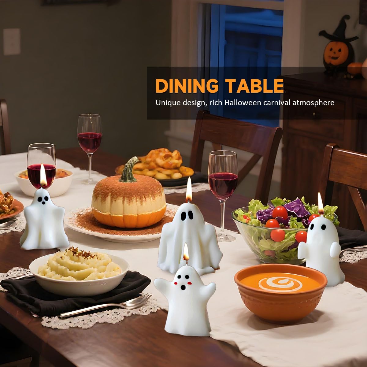 FANNEV 4Pcs Halloween Ghost Candles, Cute Ghost Scented Candle Decorations, Table Tea Light Candle Decoration for Bedroom, Bathroom and Living Room