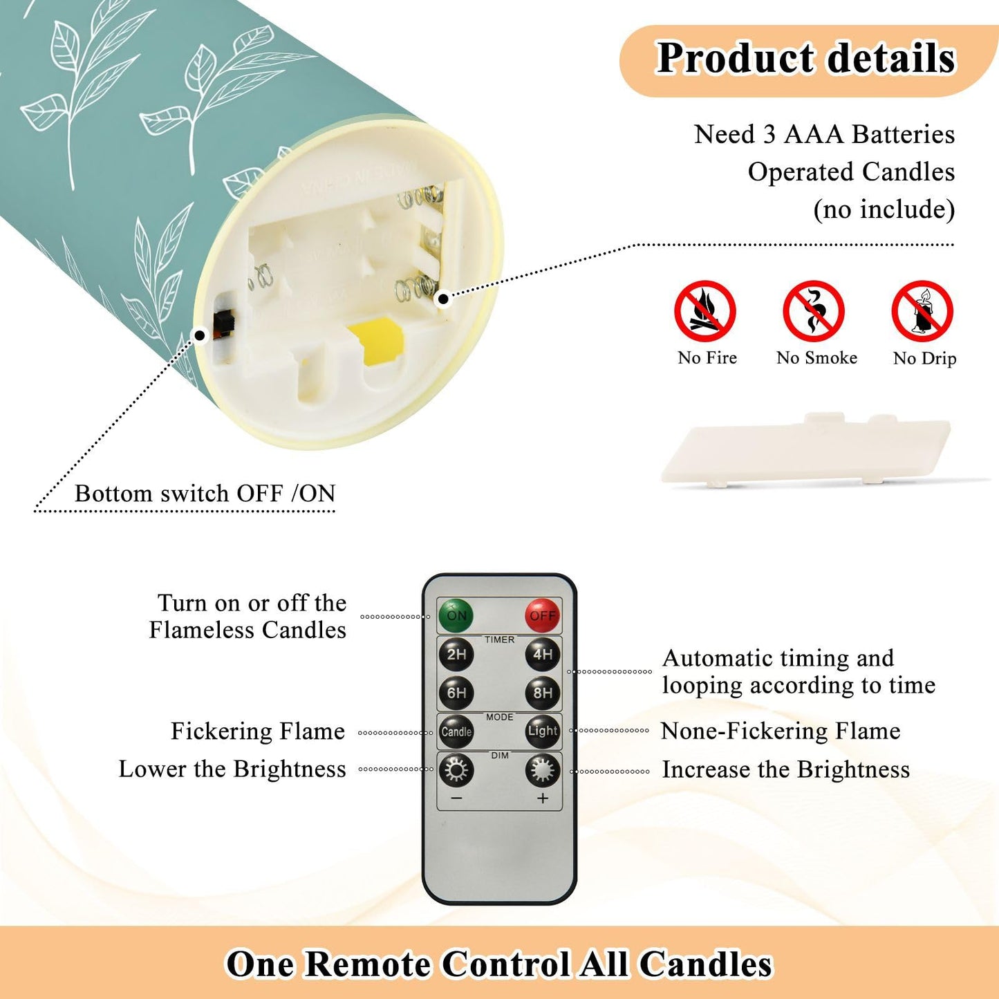 Gravopti White Leaf 2 Pack Flameless LED Pillar Candles with Remote & Timer, Battery Operated, Flickering Wax Candle for Wedding, Romantic Home & Party Decor