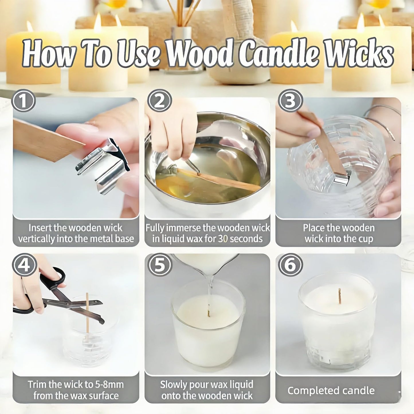 Candle Wick Making Kit, 90 Cotton & 10 Wood Wicks, 4 6 8 Inch Pre-Waxed Cotton Wicks with Wick Holders, Metal Tabs, Stickers, Labels, Twine for Soy, Beeswax, Jar, Pillar Candle Making