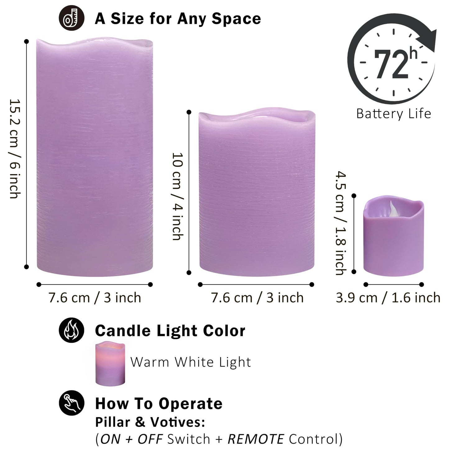 FURORA LIGHTING Purple Flameless Candles - Real Wax, Adjustable Brightness, Remote & Timer - 4 Pillars (3x4, 3x6) and 4 Votives, 8-Pack, Battery Operated