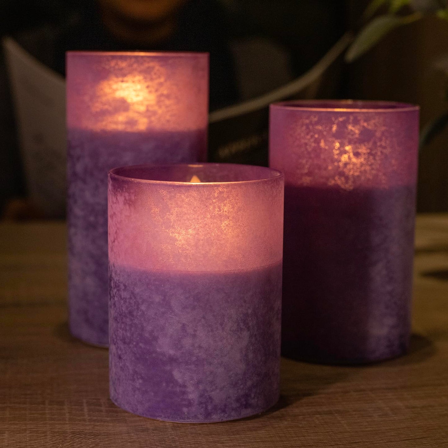 HJANDHJ Flickering Flameless Candles with 10-Key Remote - Sandblast Glass LED Pillar Candles with Timer, Real Wax Battery Operated Candles for Home Wedding Decorations (Purple, Set of 3)
