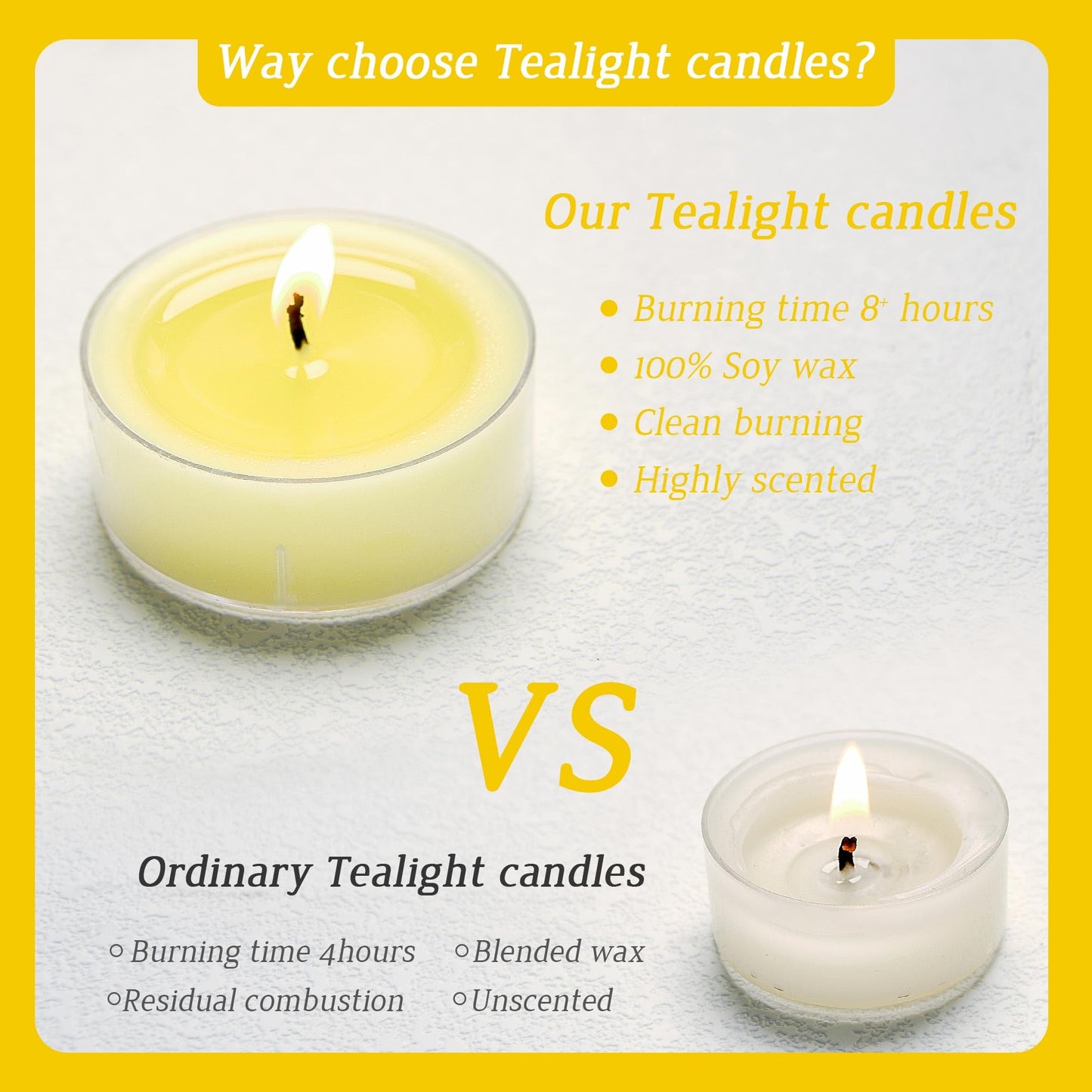 Scented Tealight Candles, 6Pcs Lemon Natural Soy Tea Lights Candle - 8 Hours Long Burning, Smokeless and Clean Burn for Home Decor, Dinner, Weddings, Party