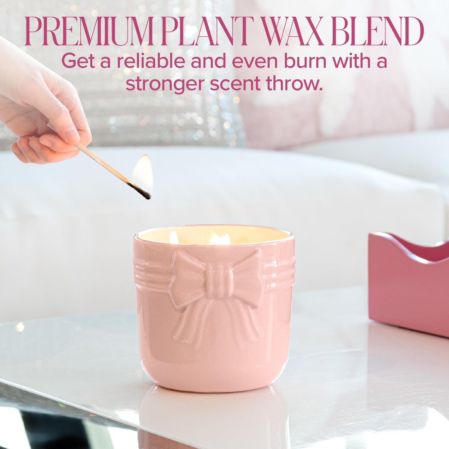 Paris Hilton Pink Spritz Scented Candle, Pink Ceramic Vessel with Embossed Bow Detail, Premium Plant Wax Blend, Cotton Wick, 22 Ounce