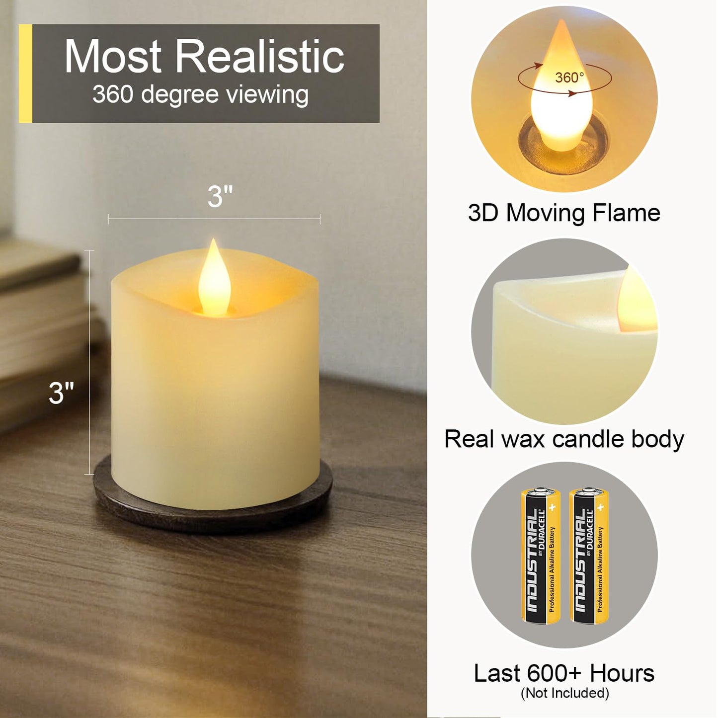 Genwelled Life Plus 3x3 Flameless Candles with Remote Set of 2, 3 inch Battery Candles Flickering with Timer, LED Pillar Candle for Indoor/Outdoor, Lvory White