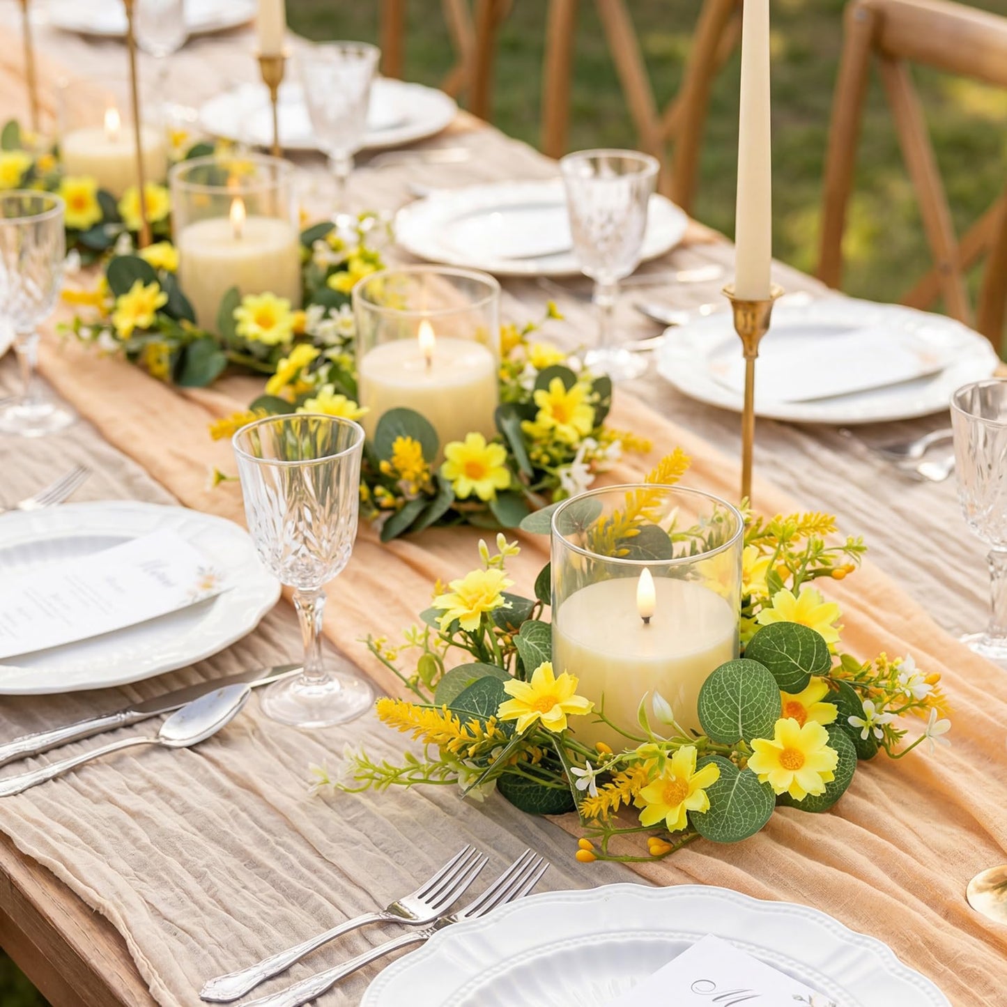 Yunlly 4 Pcs Artificial Daisy Candle Rings Wreaths, Yellow Flower Wreaths with Eucalyptus and Berry Greenery Garland with LED Flameless Candles for Spring Summer Easter Wedding Home Table Decor