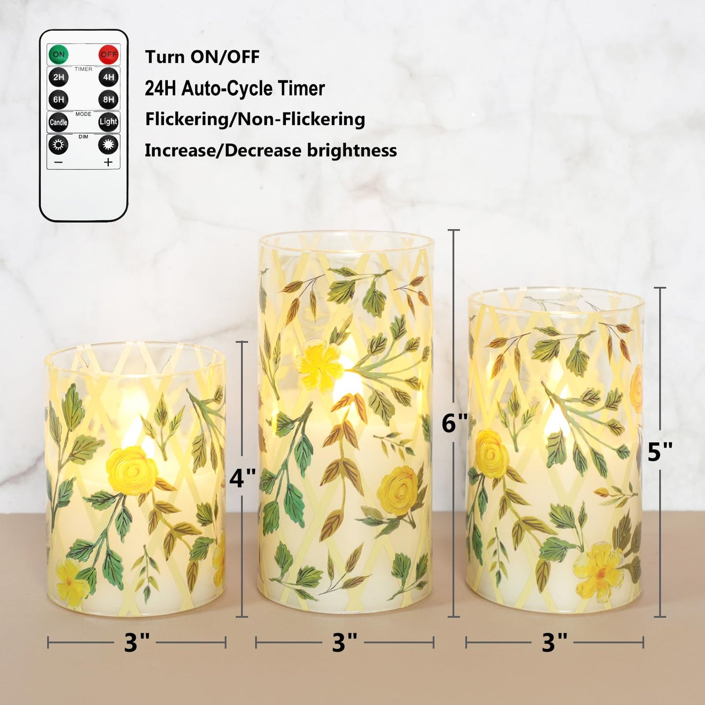 Crystal Club Yellow Floral Flameless Candles with Remote & Timer, 3D Wick Flickering Pillar LED Flameless Candles, Battery Operated for Home Wedding Party Festival Decor, Set of 3