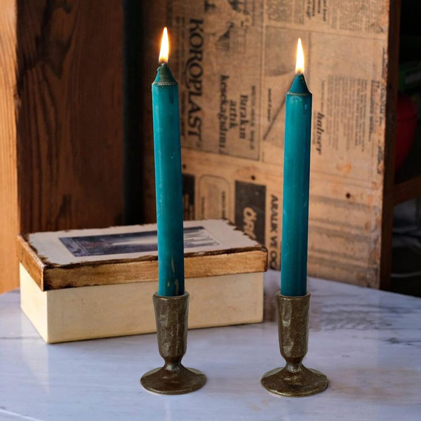 Handcrafted Antique Black & Gold Iron Taper Candle Holders - Set of 2 Elegant Candlesticks for Weddings, Dining, and Parties, Timeless Décor Accent
