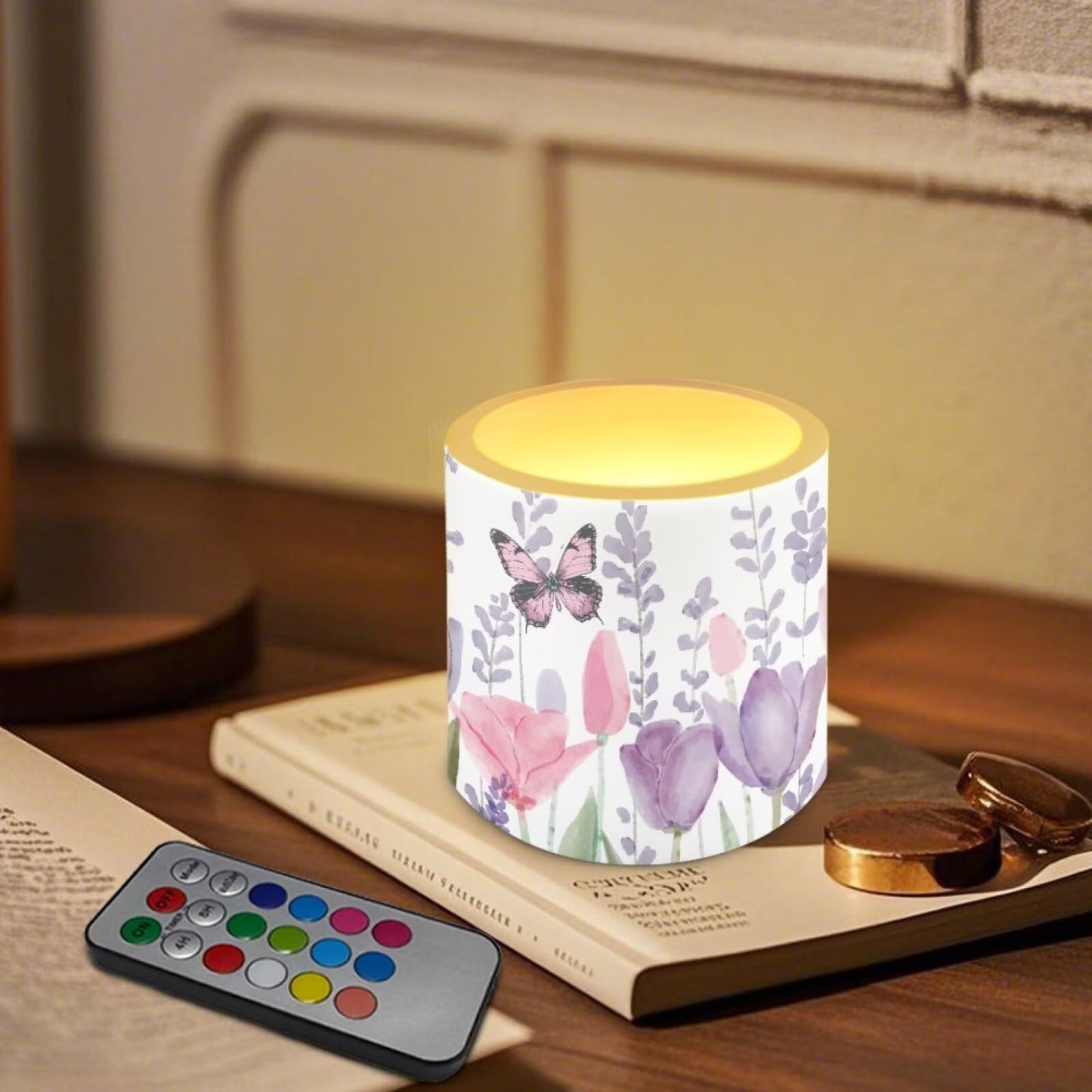 NETILGEN Tulips Flolwer Butterfly 4 Packs Decorative Flameless Candles 3 inch LED Pillar Candles with Remote Timer Control Battery Operated Color Changing Candles