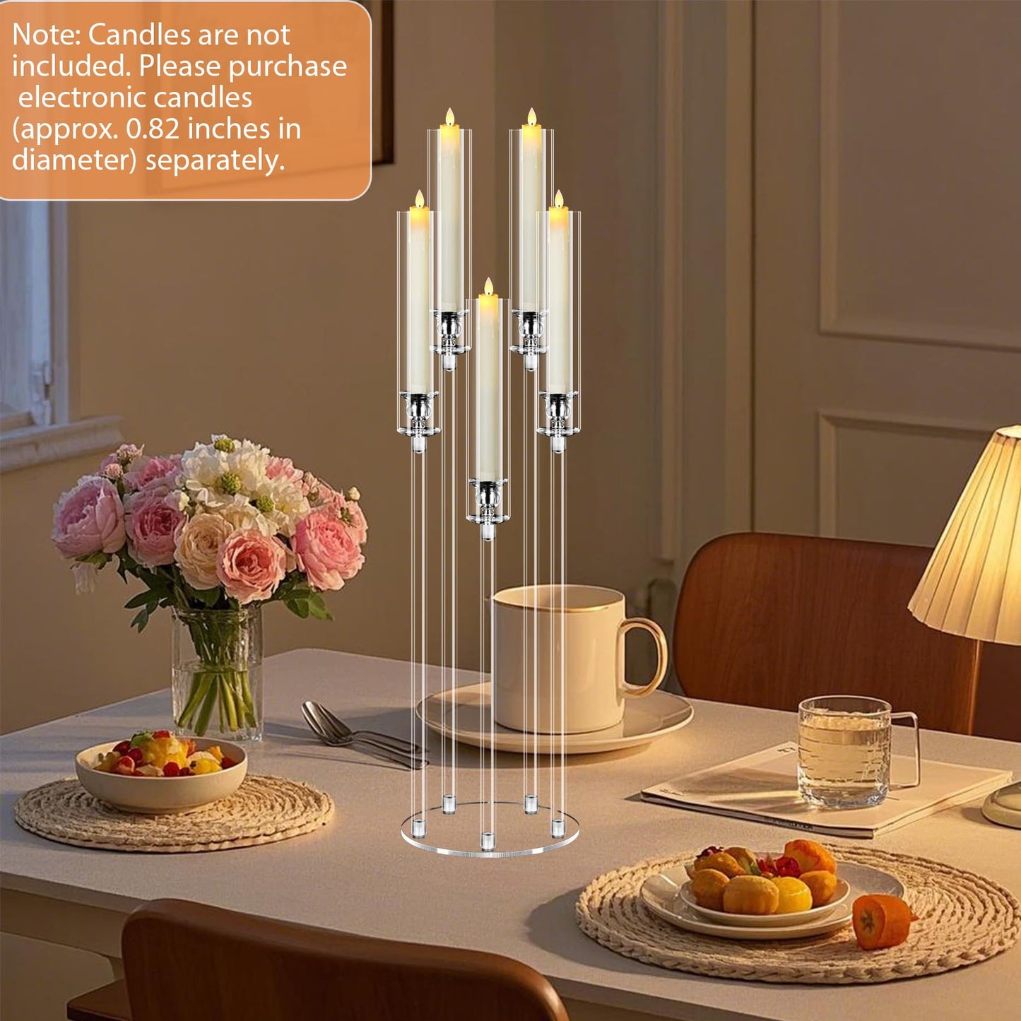 4Pcs 5 Arms Acrylic Candelabra Centerpieces for Tables Decortion,Clear Candle Holder for Wedding Dinner Fireplace Decoration,35 inches Tall Candlesticks Holder with Lampshade, Fits LED Candle