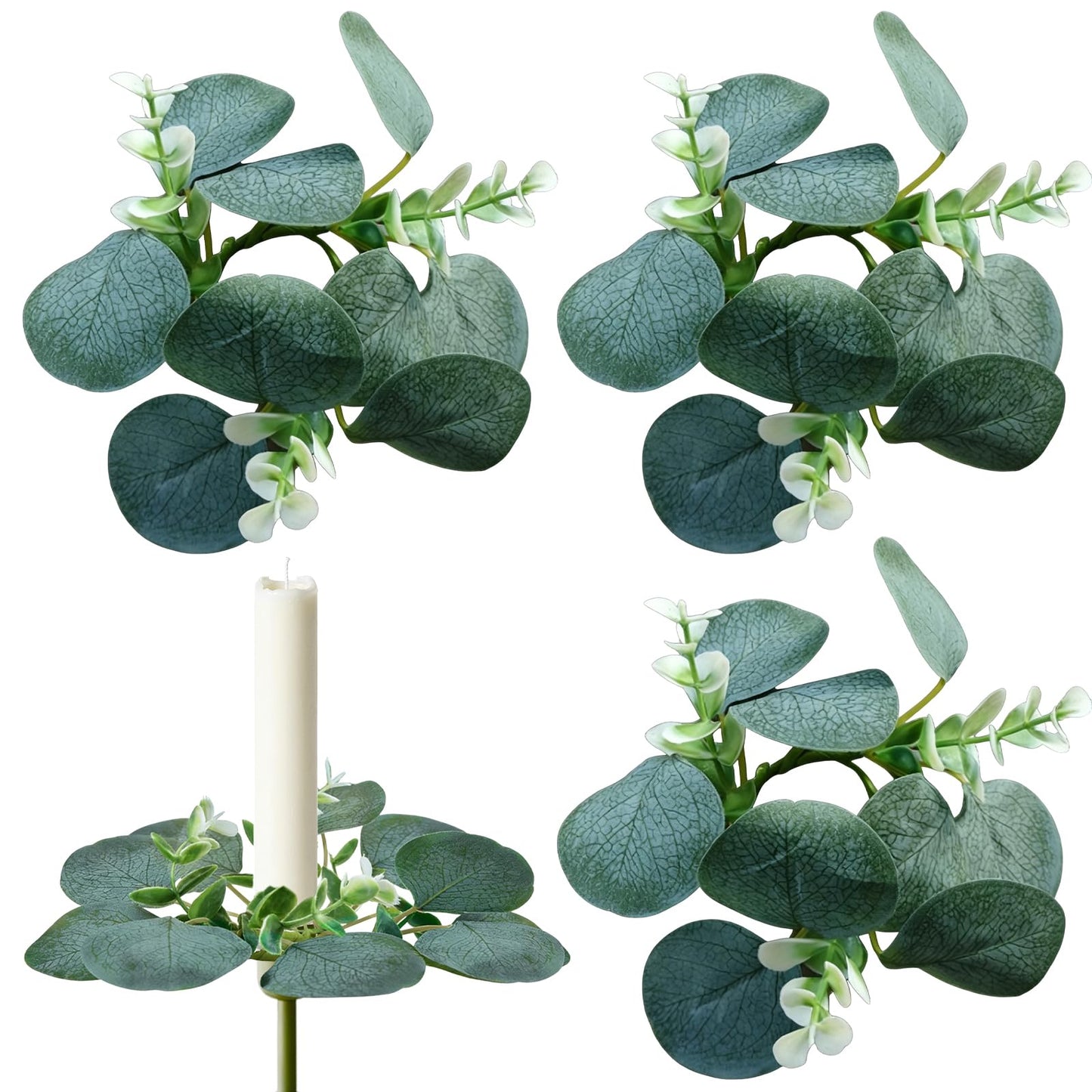 4 PCS Artificial Eucalyptus Taper Candle Rings Wreaths 1.38" Mini Spring Summer Greenery Taper Candle Holder Wreaths Green Rings Table Centerpieces Wreath for Church Farmhouse Home Candlesticks Decor