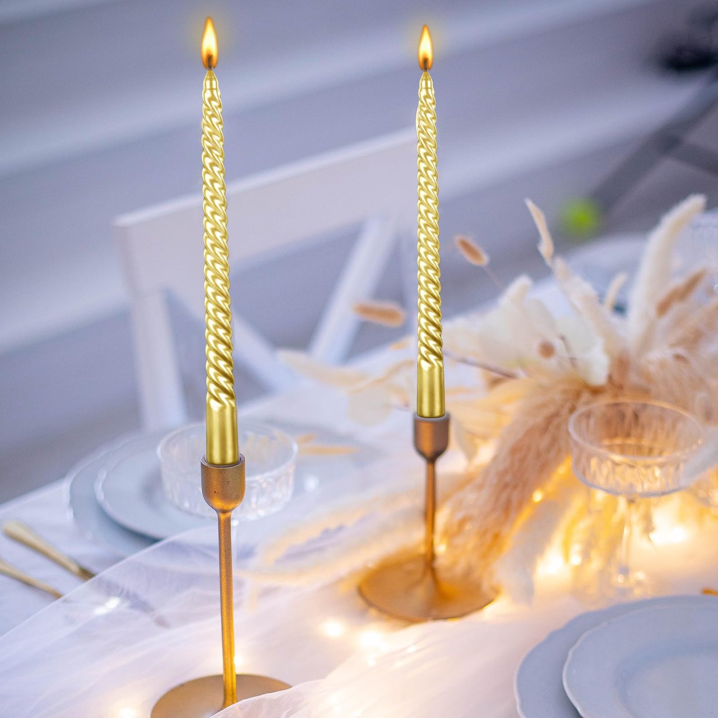 Kemladio 4 pcs 10 inch Taper Candles,Burning Unscented Tapered 7.5 hrs,Fancy Dinner,Tall Candle Sticks, Halloween Party Decorations (4pcs, Gold)