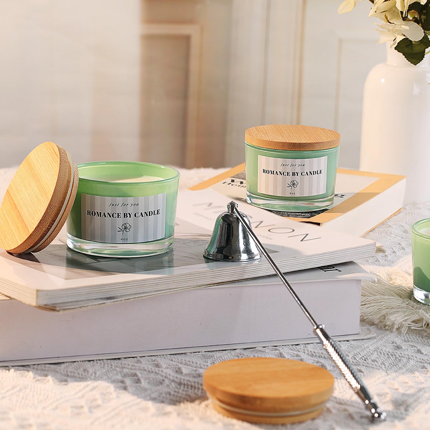 REISEN 12 PCS Green Candle Jars for Making Candles, 4 OZ Glass Jars with Bamboo Lids and Sticky Warning Labels, Candle Containers for DIY Gifts, Candle Making Supplies