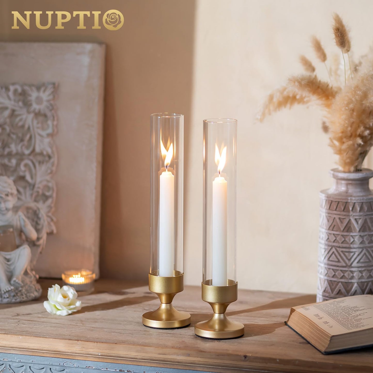 NUPTIO Hurricane Glass Candle Holder: Set of 10 Metal Taper Candle Holders with Sleeves - Gold Candlestick Holders Bulk for Outdoor Party Wedding Table Centerpiece Decoration