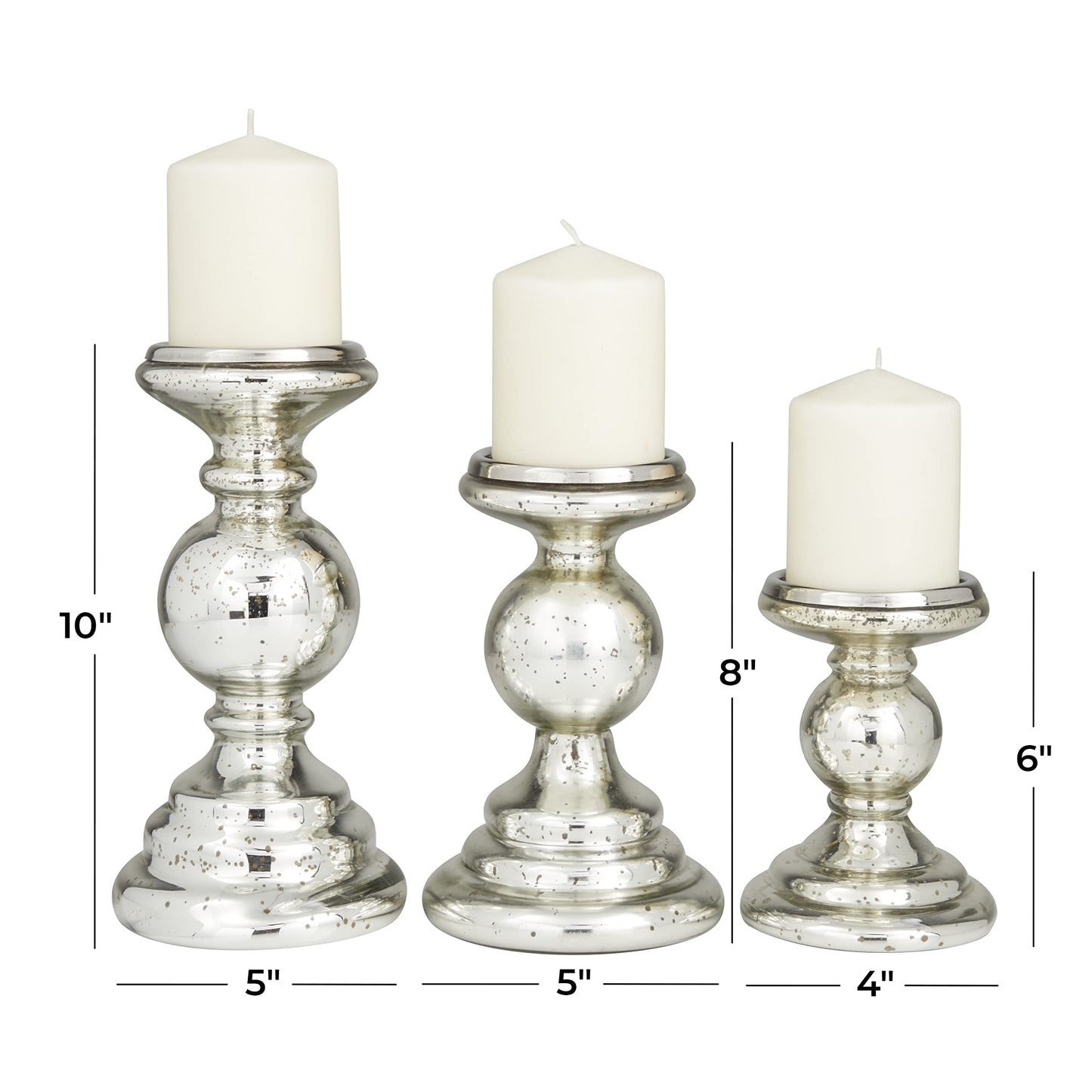 Deco 79 Glass Decorative Candle Holder Turned Style Pillar Candle Stand, Set of 3 Candlestick Holder 10", 8", 6"H, Silver