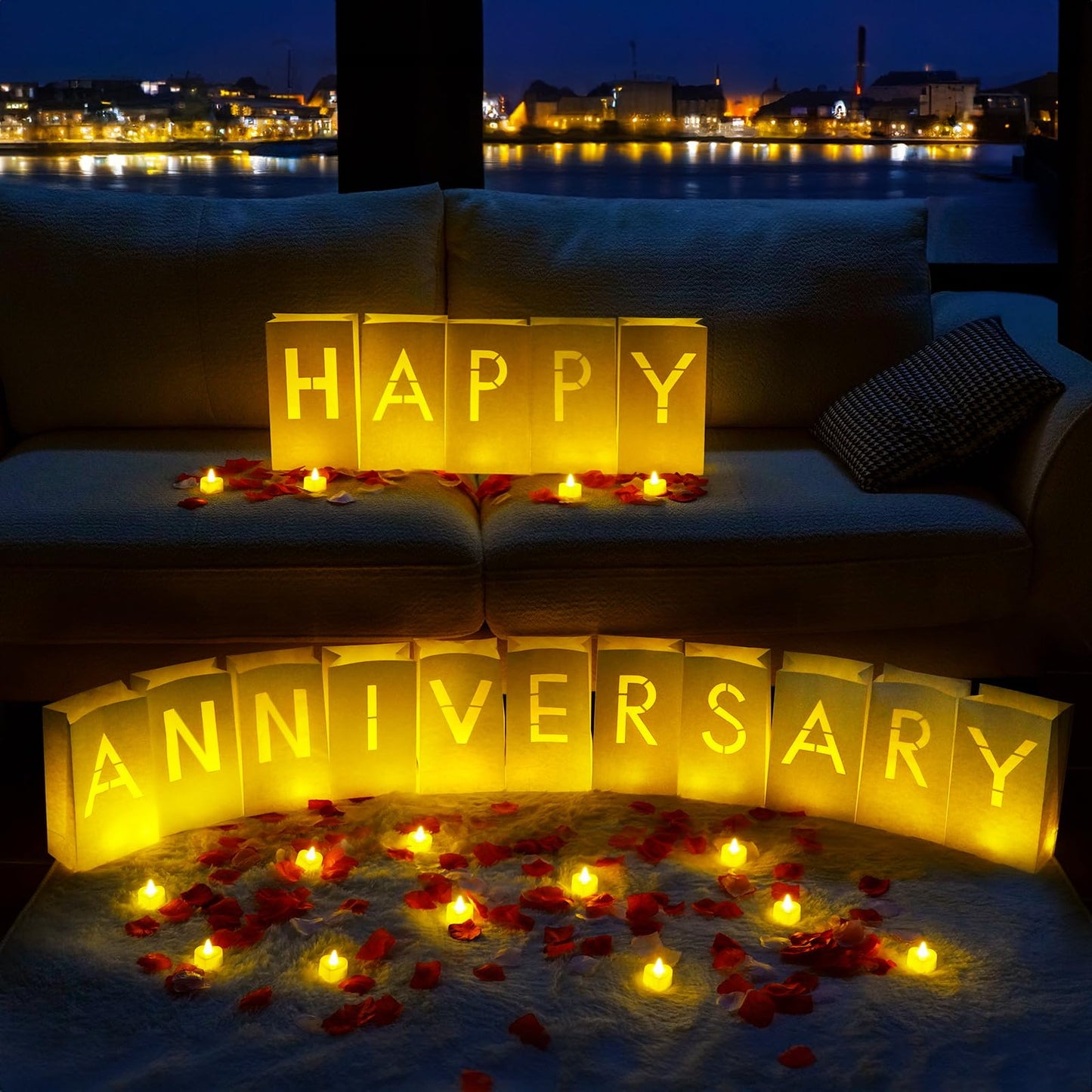 Homemory Happy Anniversary Decoration Light Up Letters with Flameless Candles and 2000 Fake Rose Petals, Valentine's Day Luminary Bags Happy Anniversary Banner Sign Romantic Party Decor for Wedding