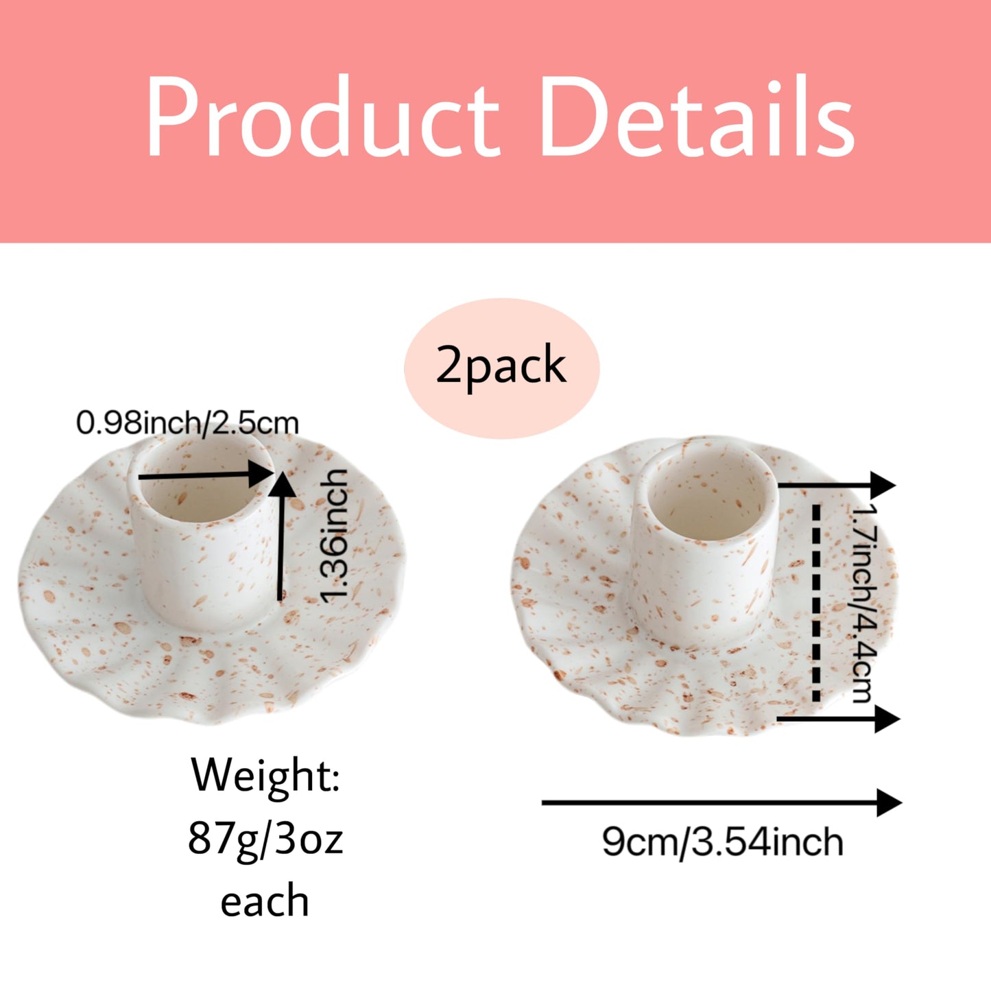 VIRFONOR Ceramic Taper Candle Holders for Table Centerpiece, Decorative Candlestick Holders for Home Wedding Party, Housewarming Gifts, Pack of 2, Round Shape, White with Brown Splatter Ink Design
