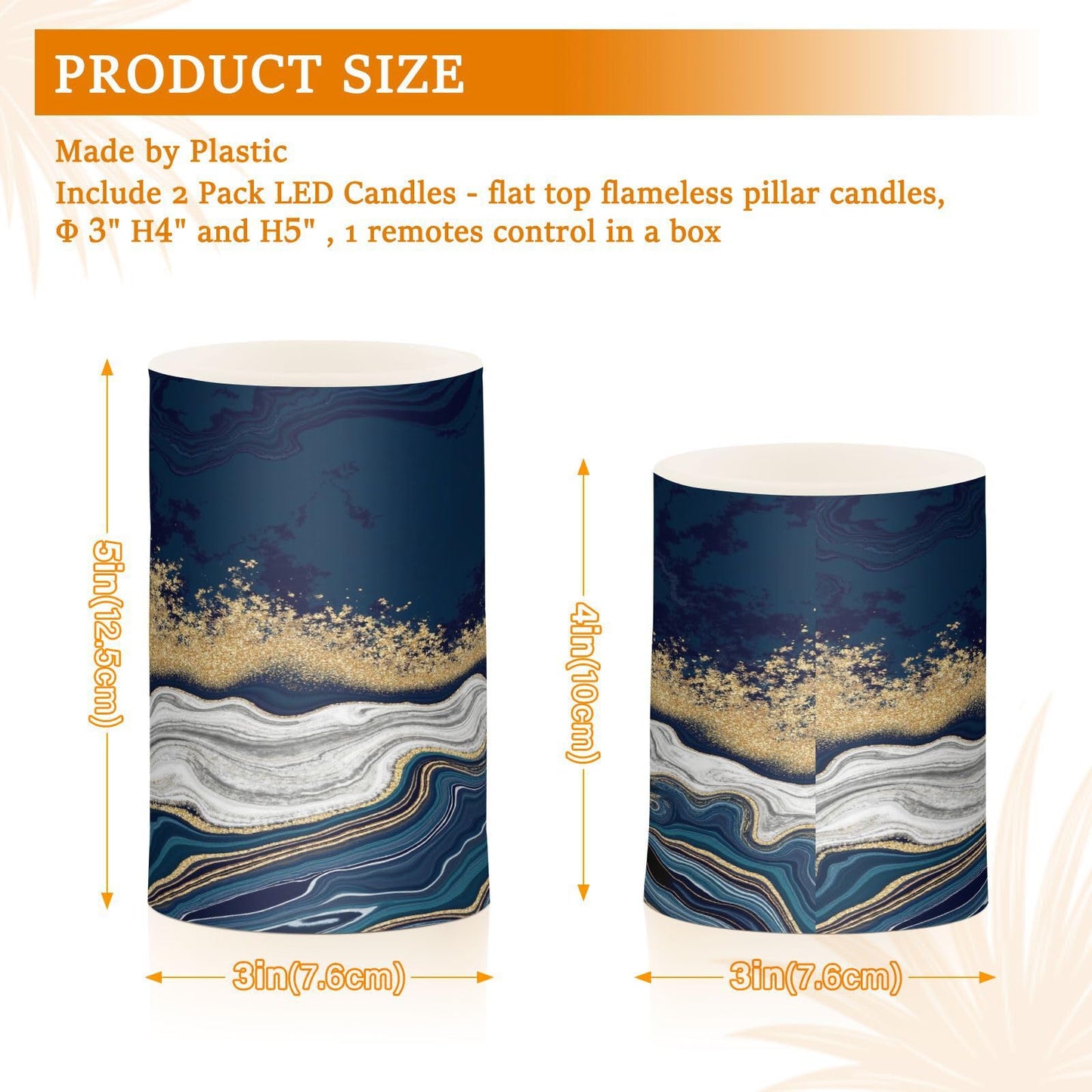 BOENLE Flickering Flameless Candles, Navy Blue Marble Golden Veins LED Candles with Remote Timer, Set of 2 Battery Operated Candle for Valentine Wedding Birthday