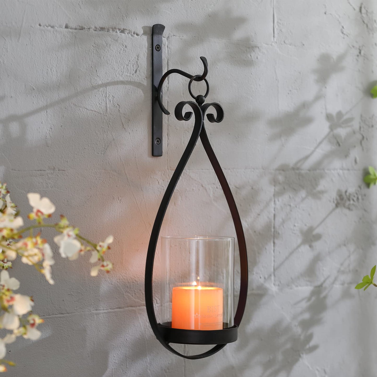 Wisiron Hanging Water Drop-Shaped Wall Sconce Wall Mounted Hurricane Candle Holder Glass & Metal Farmhouse Handcrafted Wall Art Decorations, Black HT21-0204B