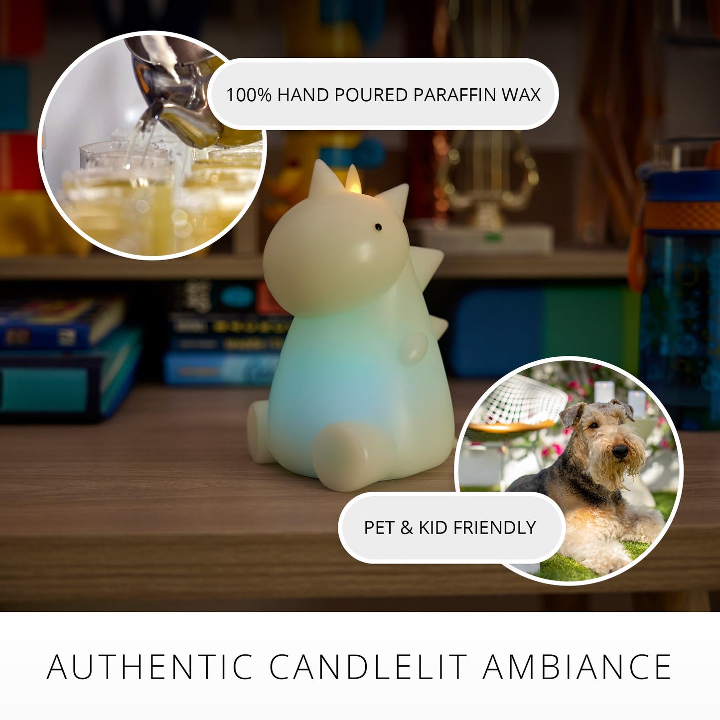Luminara Flameless Dinosaur Figural Color Changing LED Candle, 5.7" x 6.7", Real Wax Moving Flame Battery Operated w/ 18 Button Remote, Unscented Safe