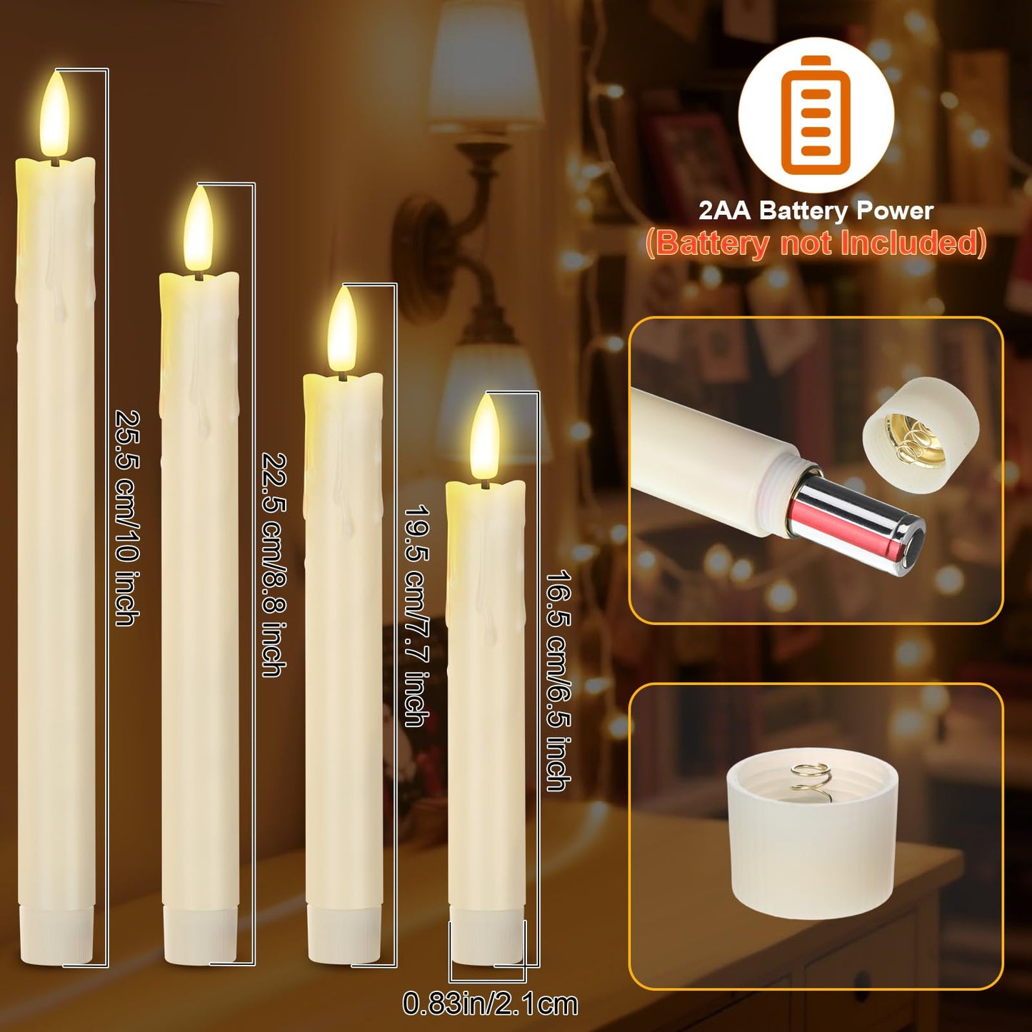 Macarrie 24 Pcs Ivory Flameless Taper Candles LED Battery Operated 6.5'', 7.7'', 8.8'', 10'' 3D Flickering Flame Candlesticks Drip Wax Shaped Candle for Valentine Anniversary Wedding Party Decoration