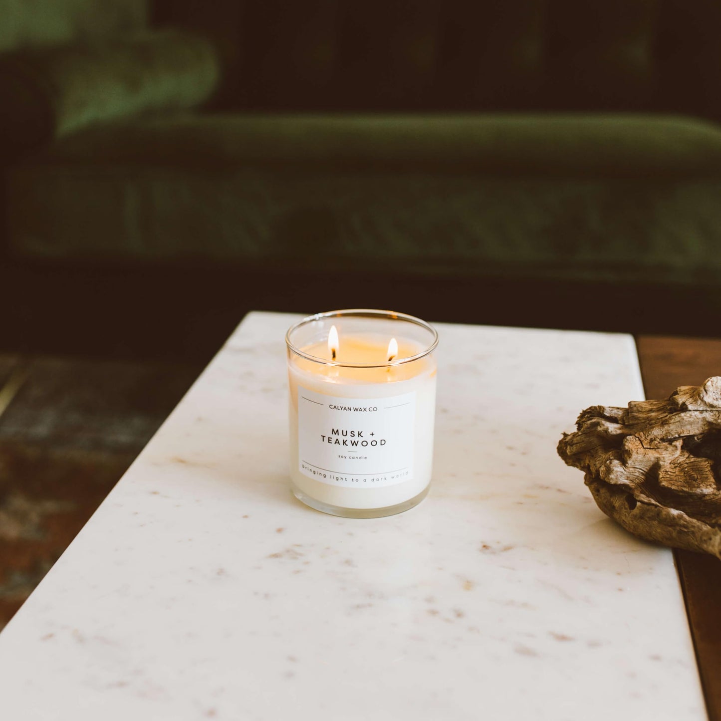 Calyan Wax Co. Musk & Teakwood 2 Wick Scented Candle - 37 Hour Burn - Luxury Clean Soy Wax Candles - Long Lasting Large Glass Jar Candle for Home - 8.8oz