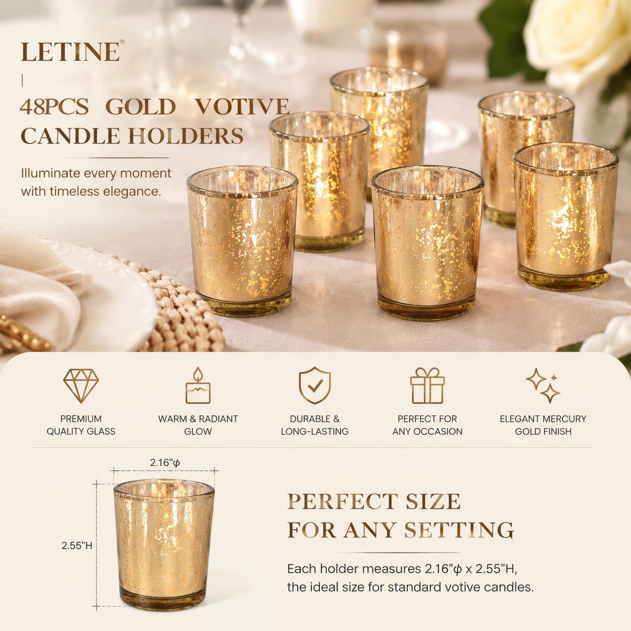 LETINE 48pcs Gold Votive Candle Holders – Glass Tea Light Candles Holder, Standard Votive Size for Regular Votive Candles – Bulk Candle Holder for Party Decorations, Bridal Shower, Holiday Decor