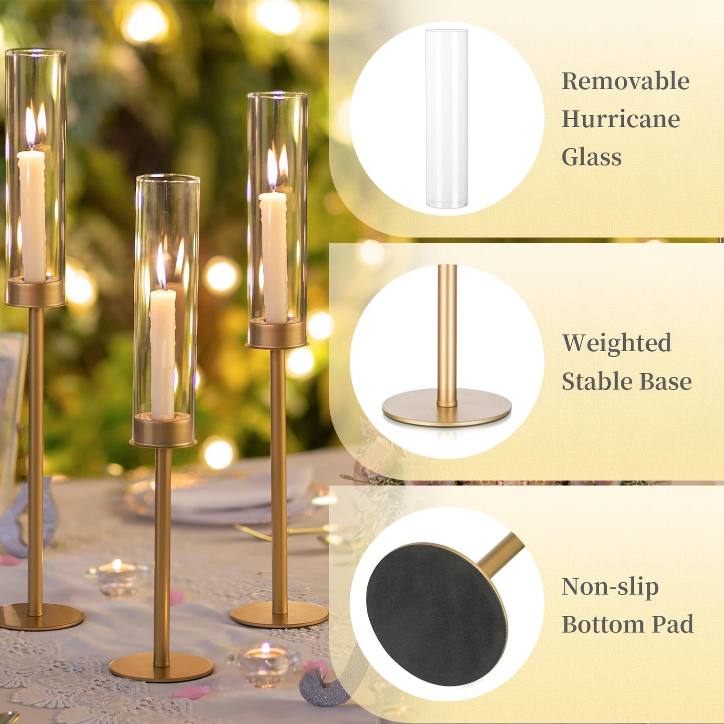Hewory Gold Tall Hurricane Candlestick Holders: 12Pcs Brass Taper Candle Holder Candelabra Centerpieces, Candle Stick Holders with Candle Cover for Wedding Dinner Christmas Decor