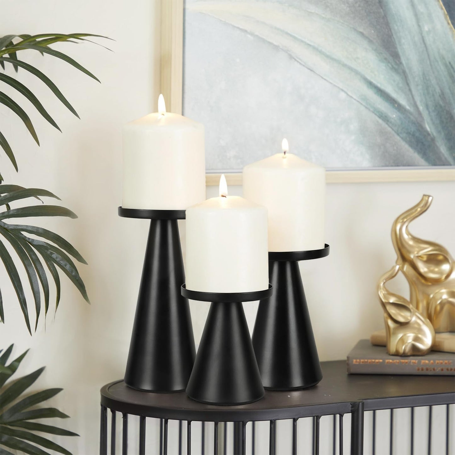 Black Iron Plate Candle Holder Set of 3-4 & 4.7 & 6.4 Inch Tall, Decorative Iron Pillar Candle Plate, Elegant Candle Stand for LED & Wax Candles, Incense Cones, Spa, Weddings (Candles Not Including)