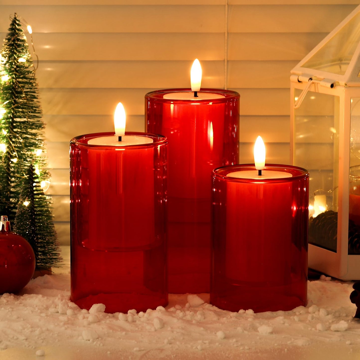 NURADA Flameless Candles with Remote Timer: 3D Wick Battery Operated Led Pillar Candle Fake Candles Set for Wedding Birthday Halloween Christmas Decorations - Red