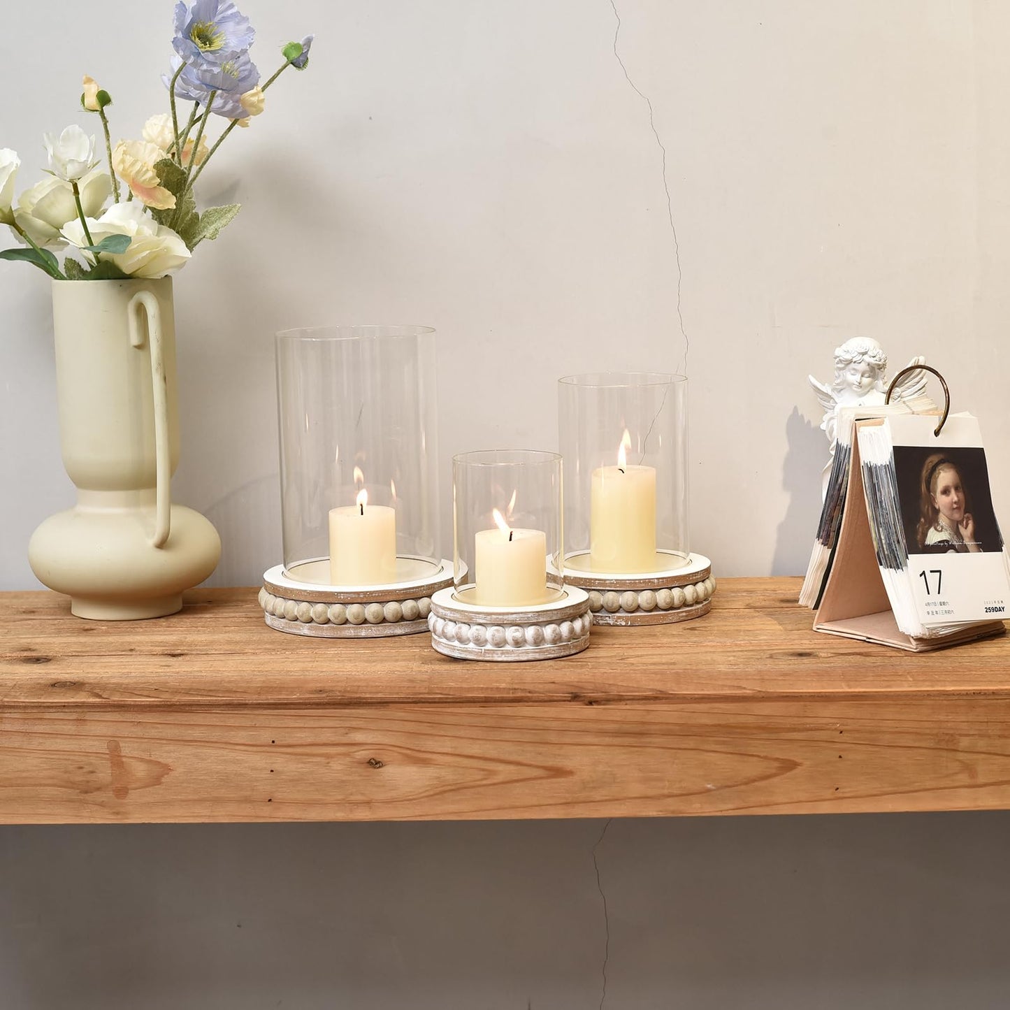 SWALLOWLIVING Glass Hurricane Candle Holders for Pillar Candles - Farmhouse Rustic Distressed White, Set of 3 with Wood Beaded Base