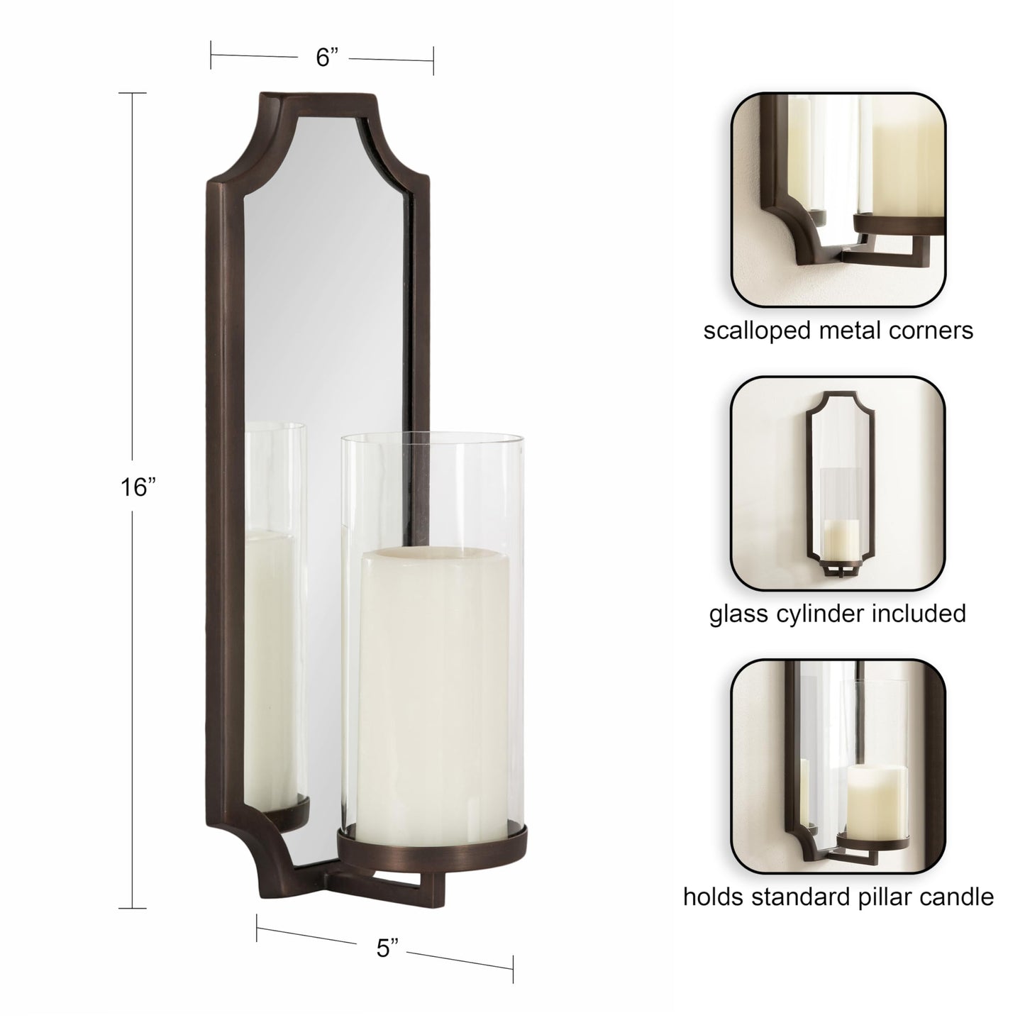 Kate and Laurel Ciel Glam Mirrored Wall Sconce, 6 x 5 x 16, Bronze, Modern Scalloped Candle Holder with Removable Glass Cylinder and Mirror for Bathroom or Bedroom Wall Decor