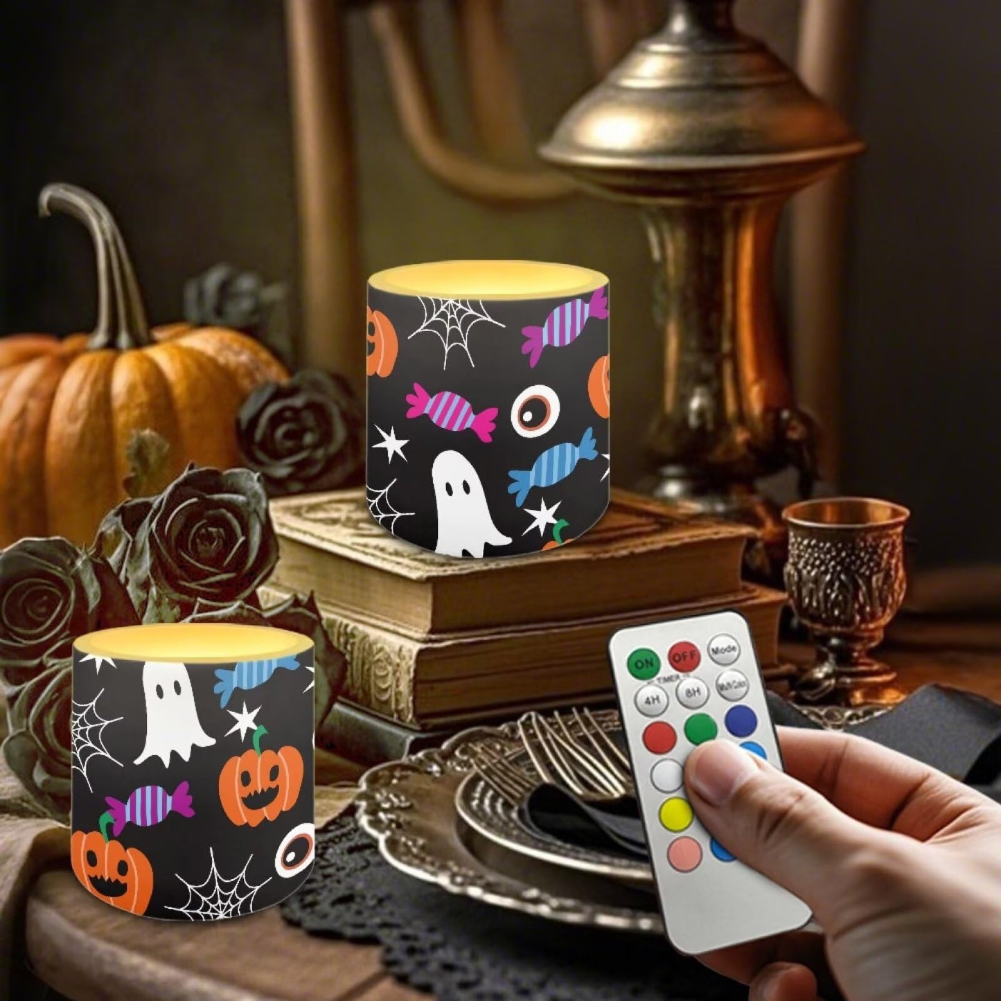 Merkmak Flickering Flameless Candles with Remote Battery Operated Candles with Timer Halloween Pumpkin Ghost Design LED Pillar Tea Lights for Party Banquet Home Decorations