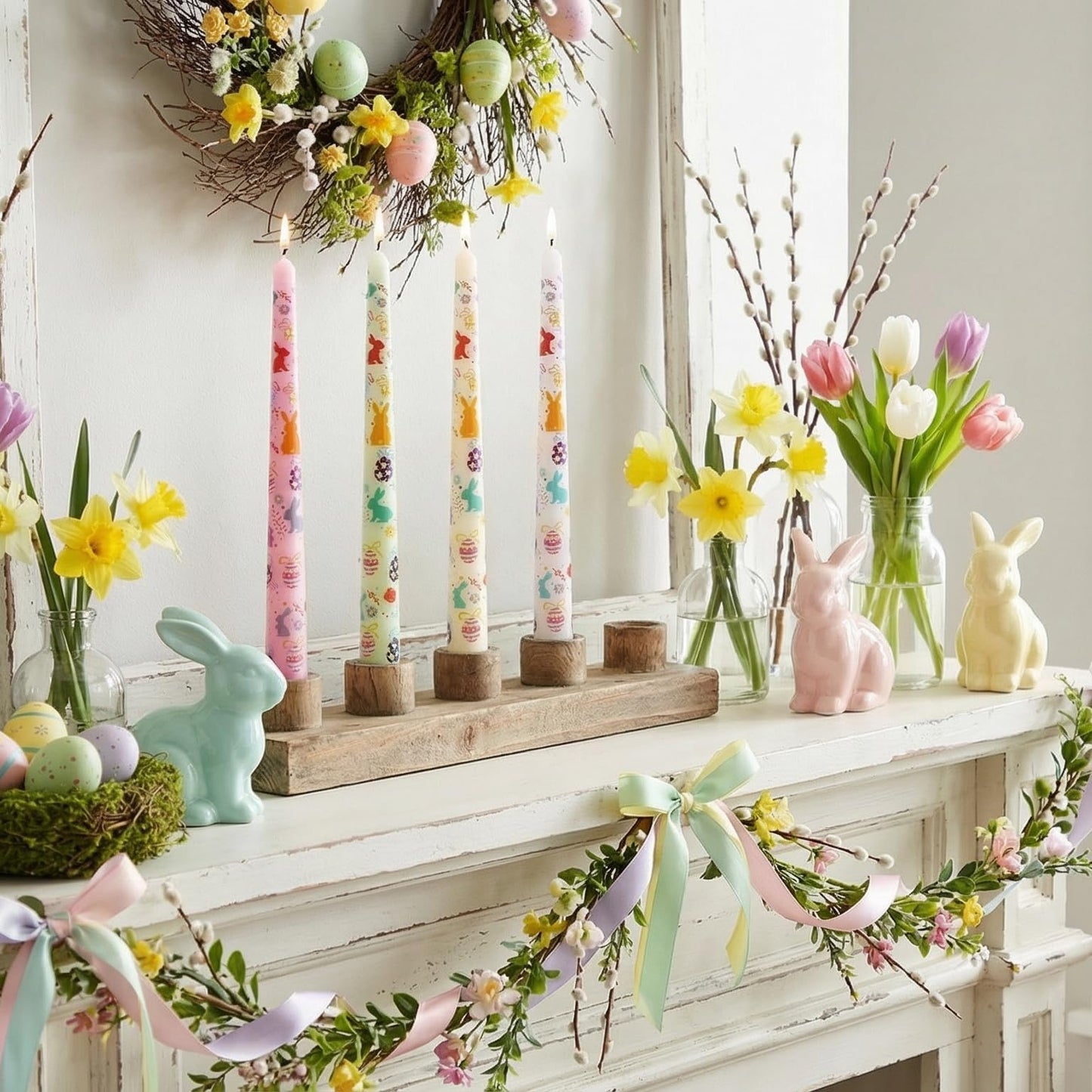 FYBW 4 Pack Easter Printed Taper Candles, 10" Long Decorative Candles with Spring Bunny & Egg Design Decorative Candles for Easter Table & Home Decor