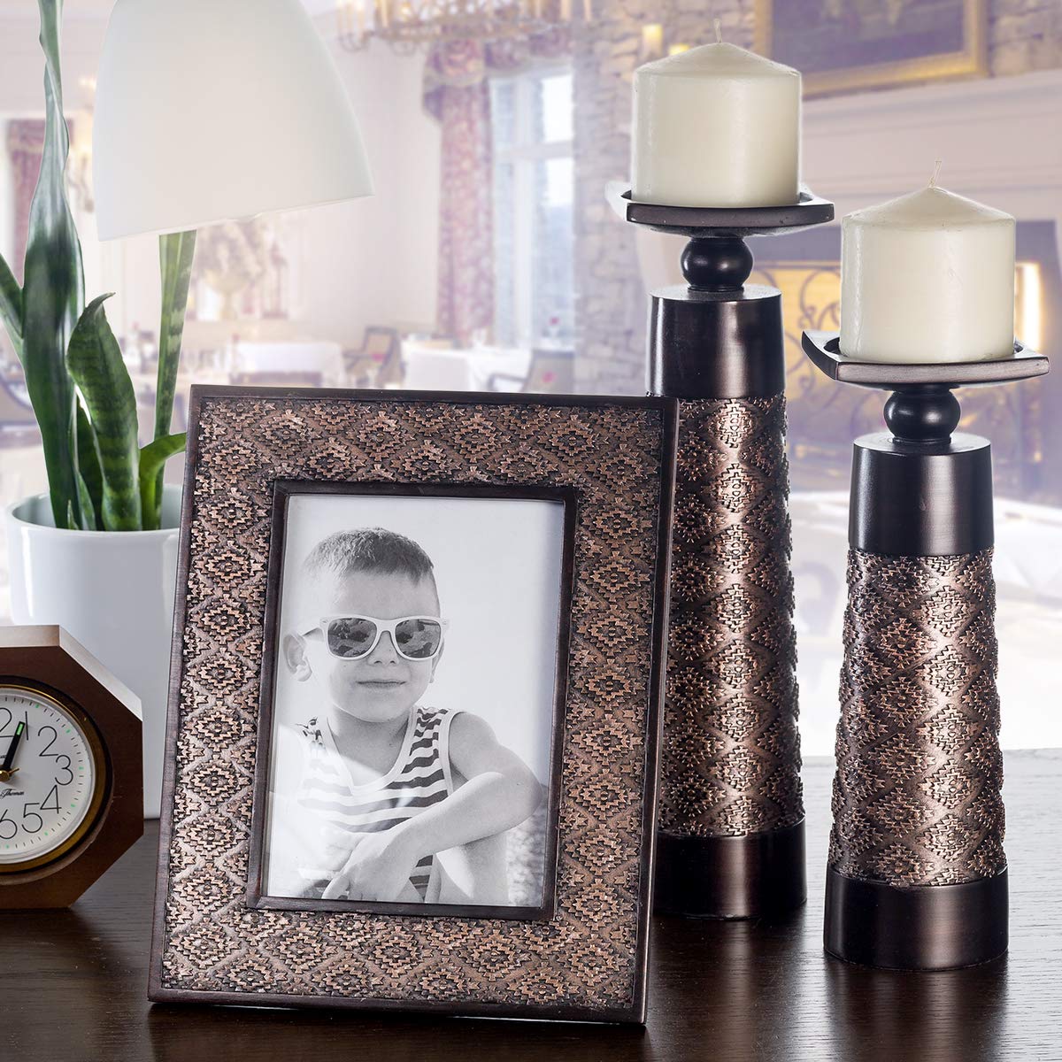 Creative Scents Dublin Brown Pillar Candle Holder Set of 2 - Home Decor Aesthetic, Coffee Table Decor Mantel Centerpieces Table Decorations, Living Room Decor or Dining Tabletop Decor -Gift Packaged-