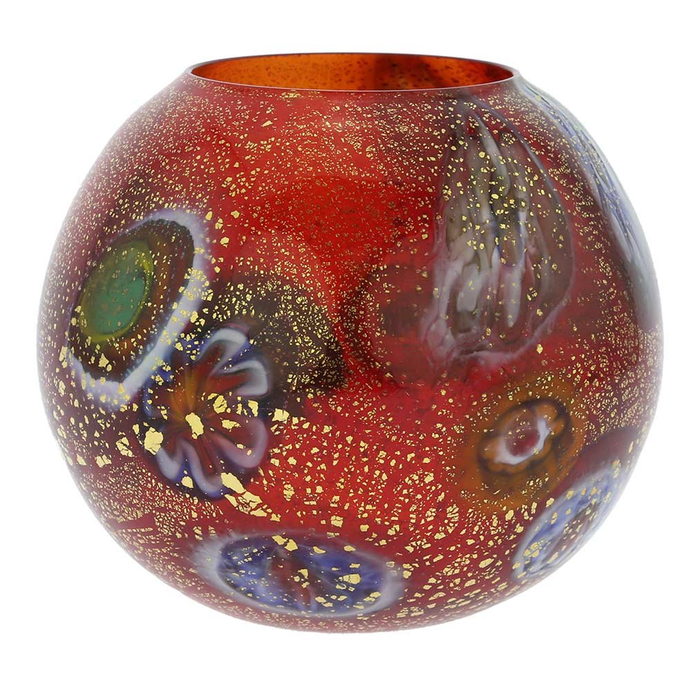 GlassOfVenice Murano Glass Millefiori Votive Candle Holder - Red