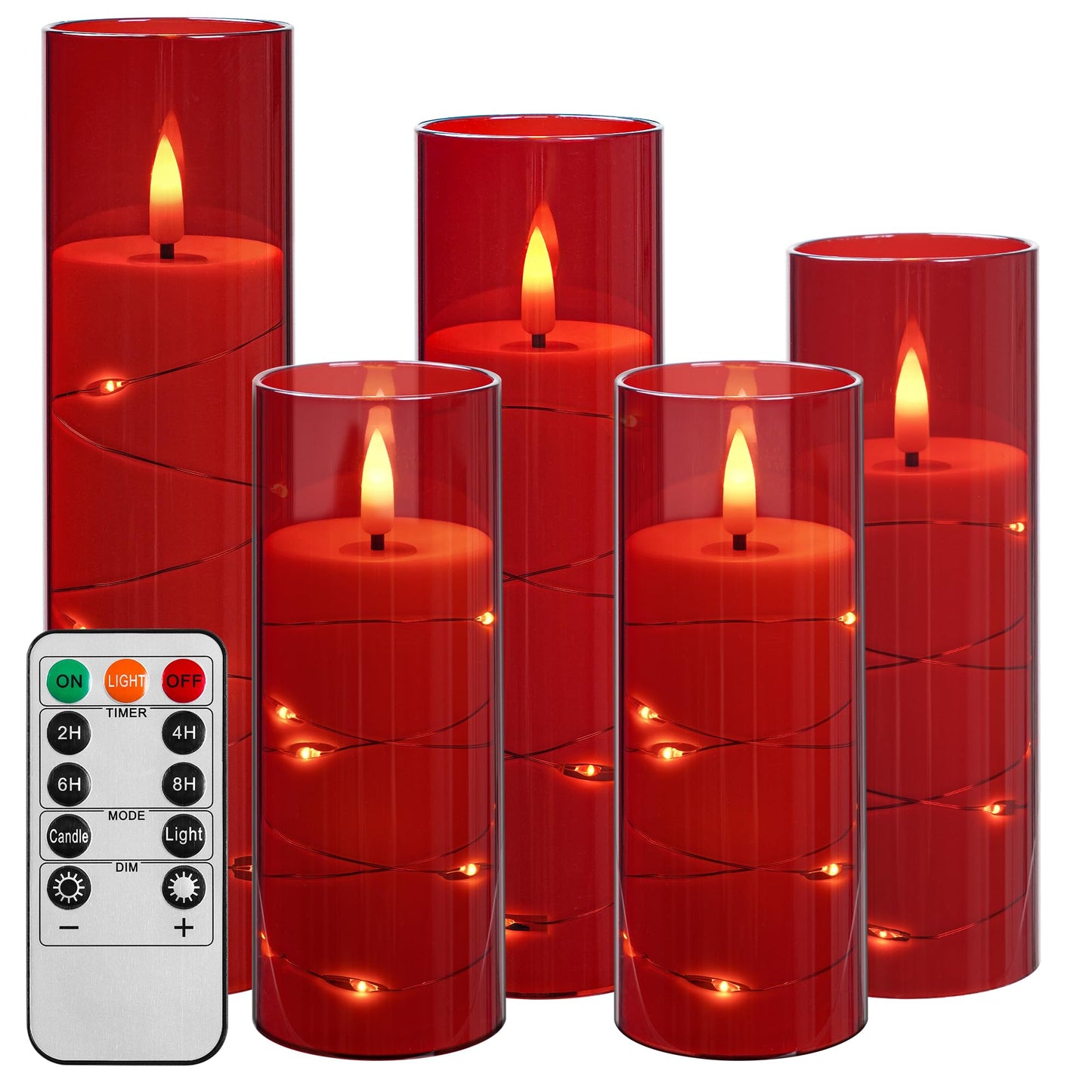 Da by 5 Pack Red Transparent Acrylic Flameless Taper Candles, Flickering Black Wick LED Candles with Copper Wire Lights, Heat Resistant ABS Candles with Remote for Indoor Outdoor Decor