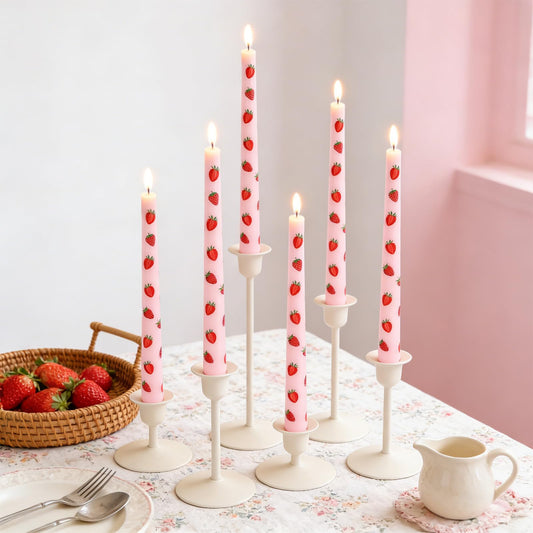 JarThenaAMCS 6Pcs Taper Candles 10 Inch Pink Red Strawberry Decorative Candles Long Unscented Candle Sticks for Holiday Birthday Baby Shower Party Home Table Decor
