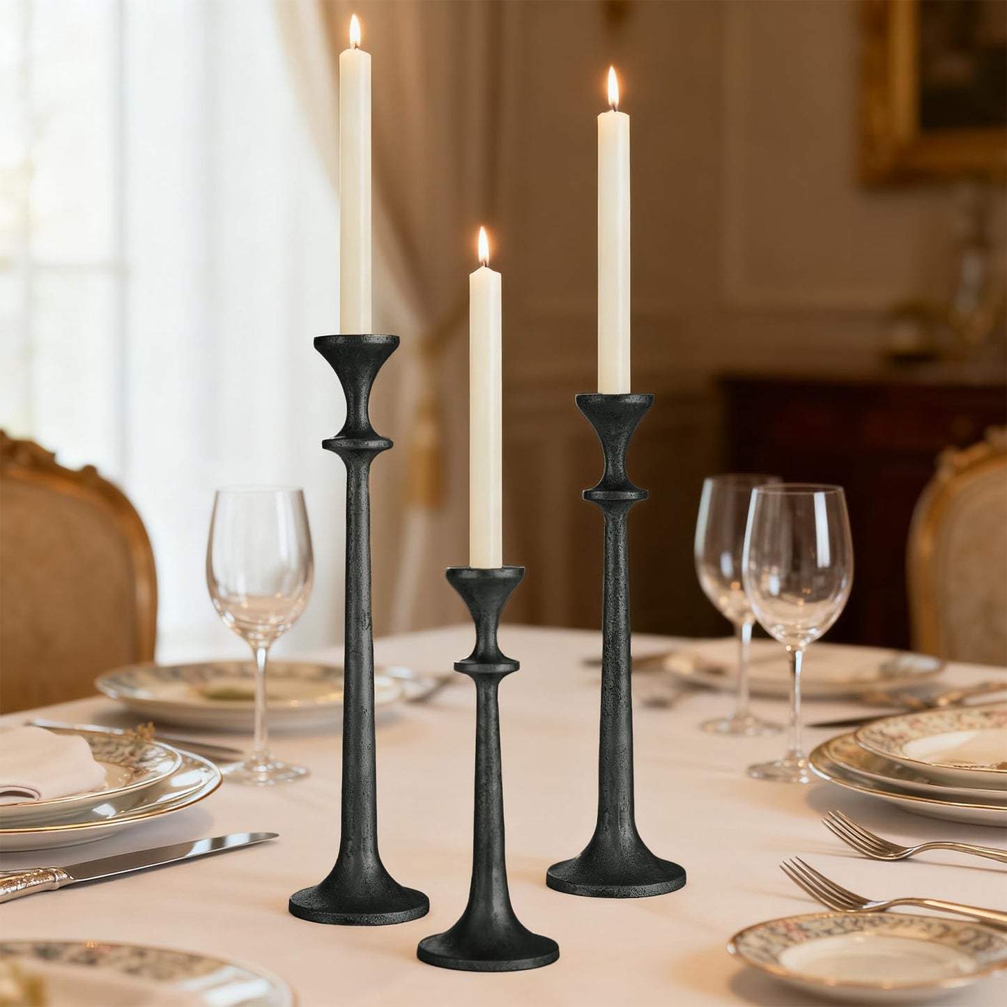 Black Taper Candle Holders Set of 3 Heavy Cast Iron Black Candlestick Holder for Table Centerpiece Modern Decorative Tapered Candle Stand Tall Set for Home Decor Fireplace Wedding Halloween Christmas