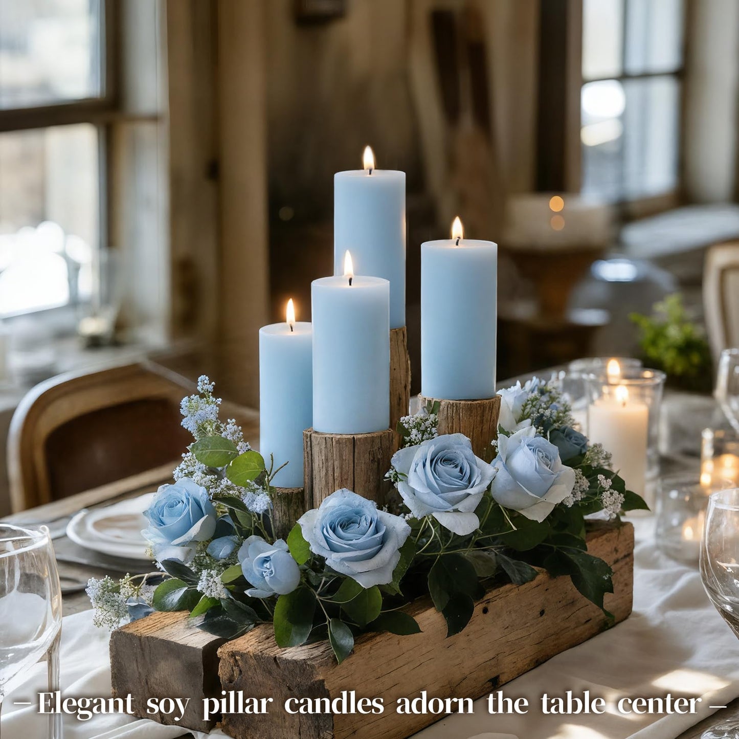 Soy Pillar Candles, 210 Hours Hand-Poured Blue Unscented Pillar Candles Natural Soybean Candle for Home, Wedding, Smokeless & Dripless, Party, Spas, Dinner-2x4in-6pack